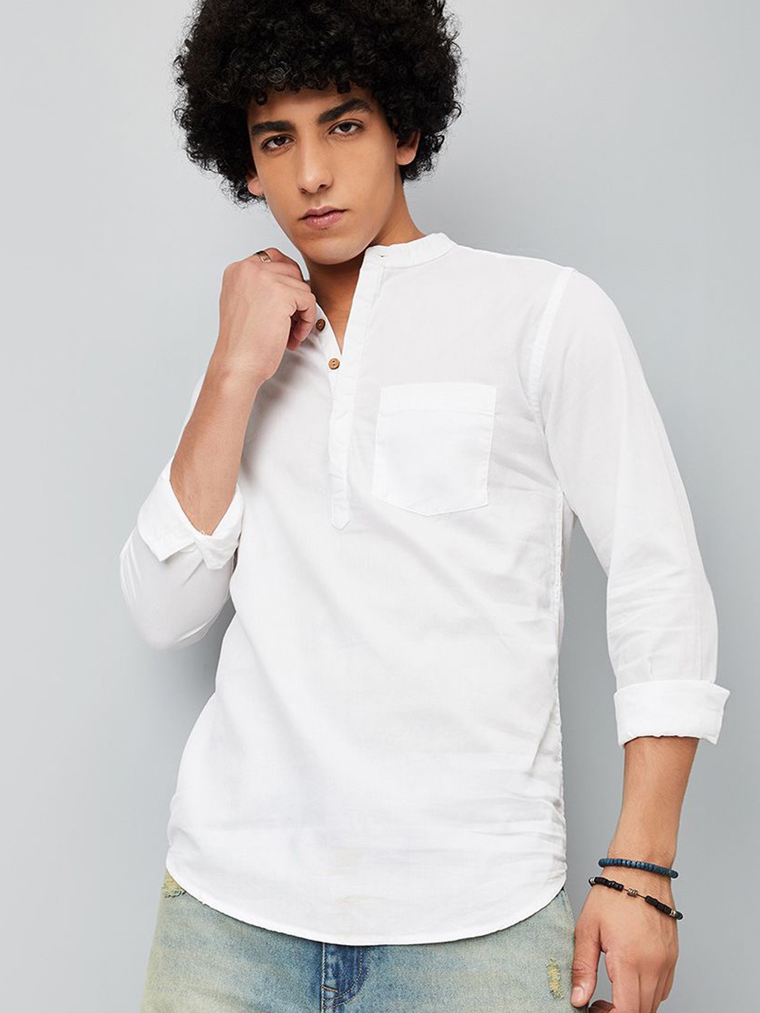 

max Mandarin Collar Pure Cotton Straight Short Kurta, White