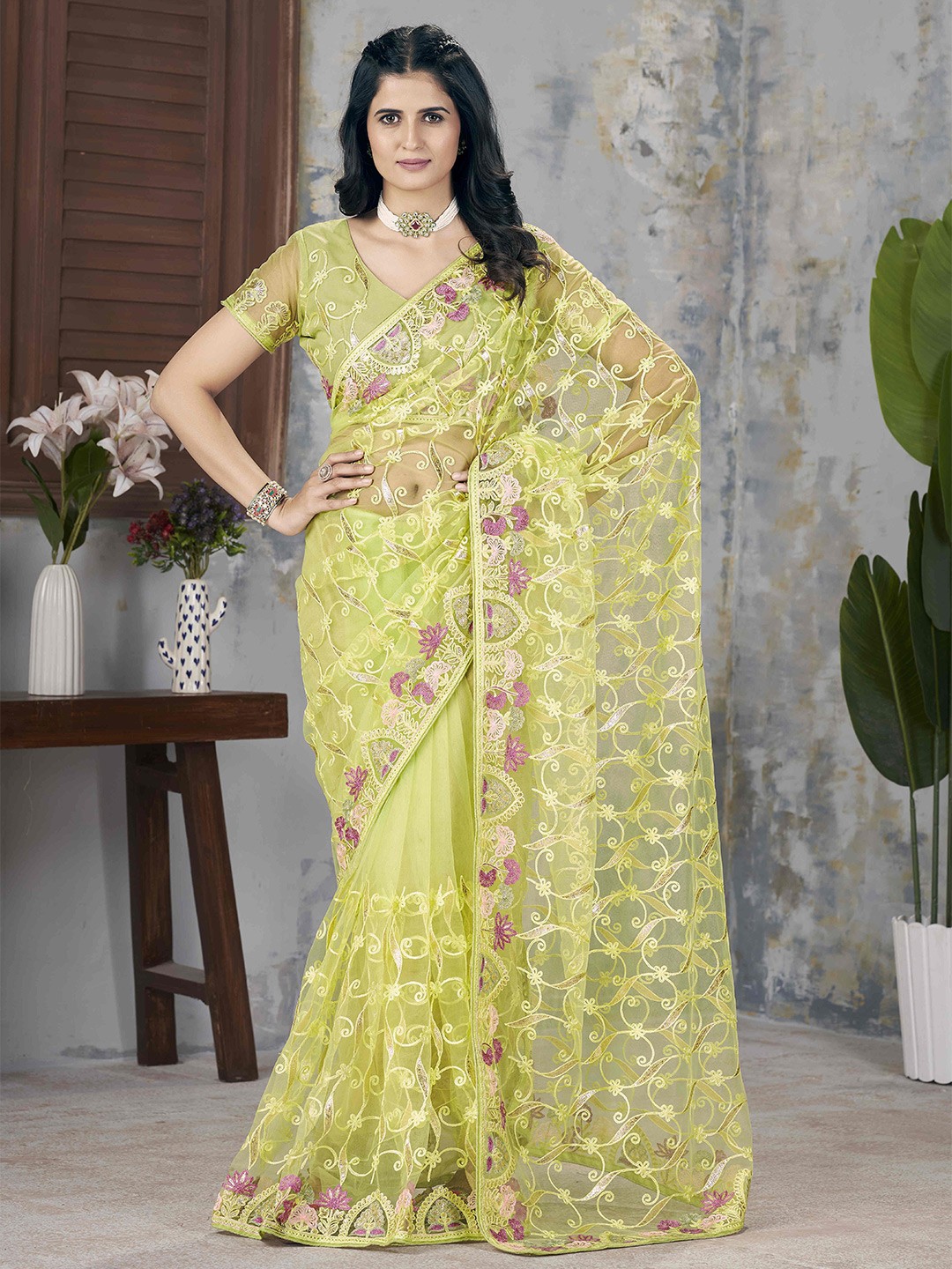 

Chandbaali Embroidered Embellished Aari Work Net Saree, Green