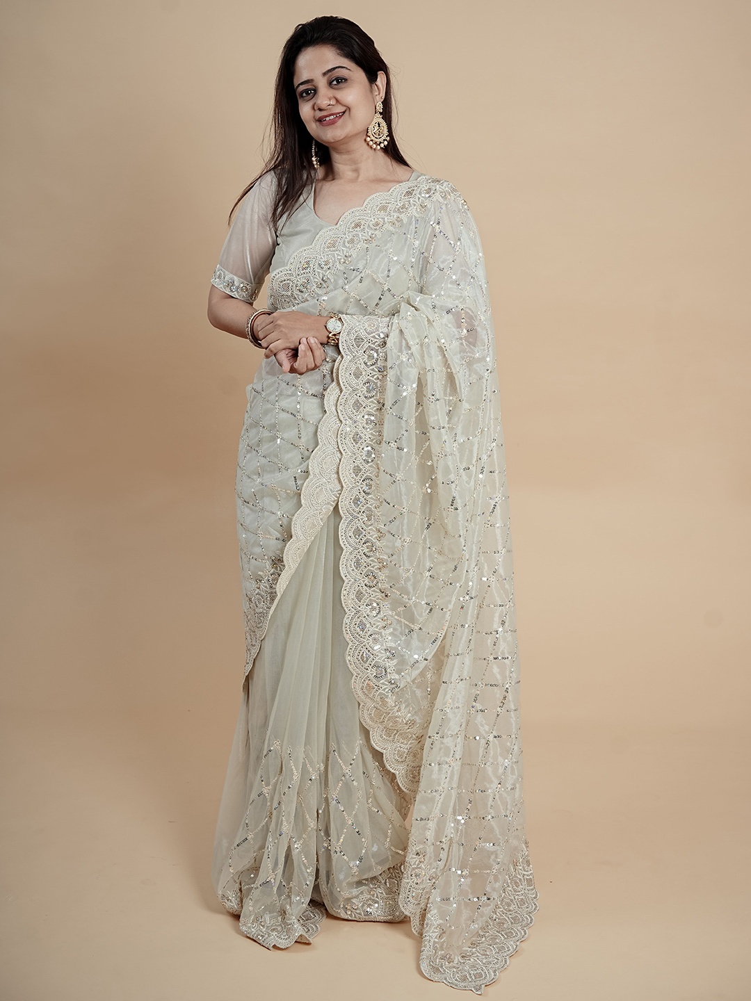 

Chandbaali Embellished Beads and Stones Net Saree, Cream