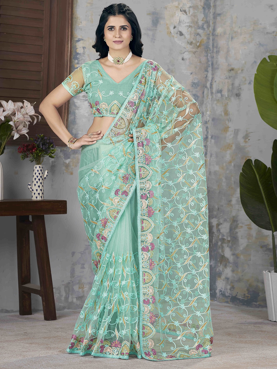 

Chandbaali Embellished Aari Work Saree, Blue