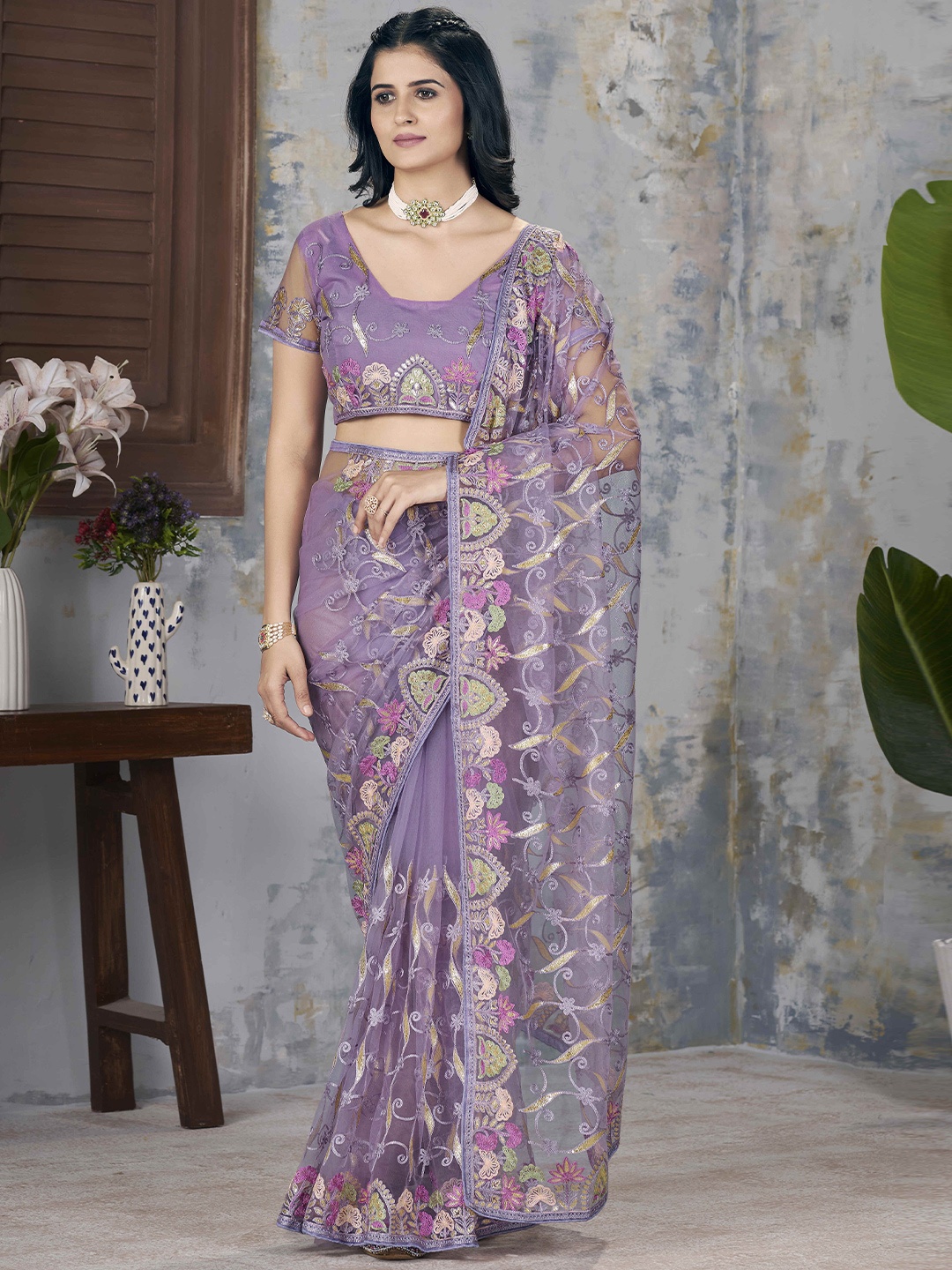 

Chandbaali Embellished Embroidered Net Saree, Lavender