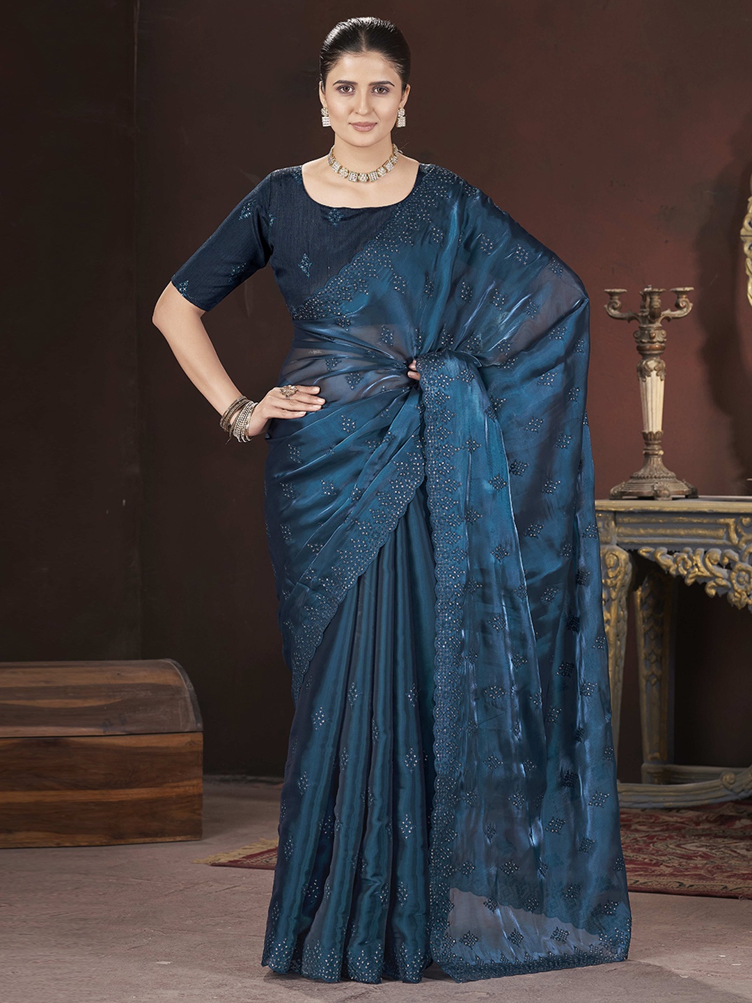 

Chandbaali Embellished Sequinned Organza Saree, Blue