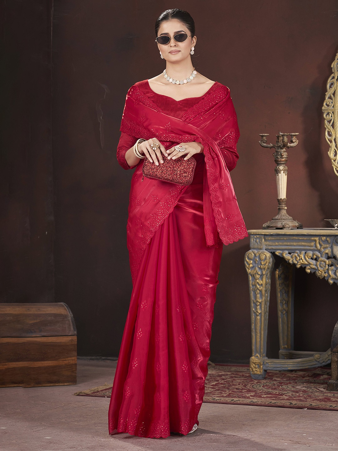 

Chandbaali Embellished Sequinned Organza Saree, Red