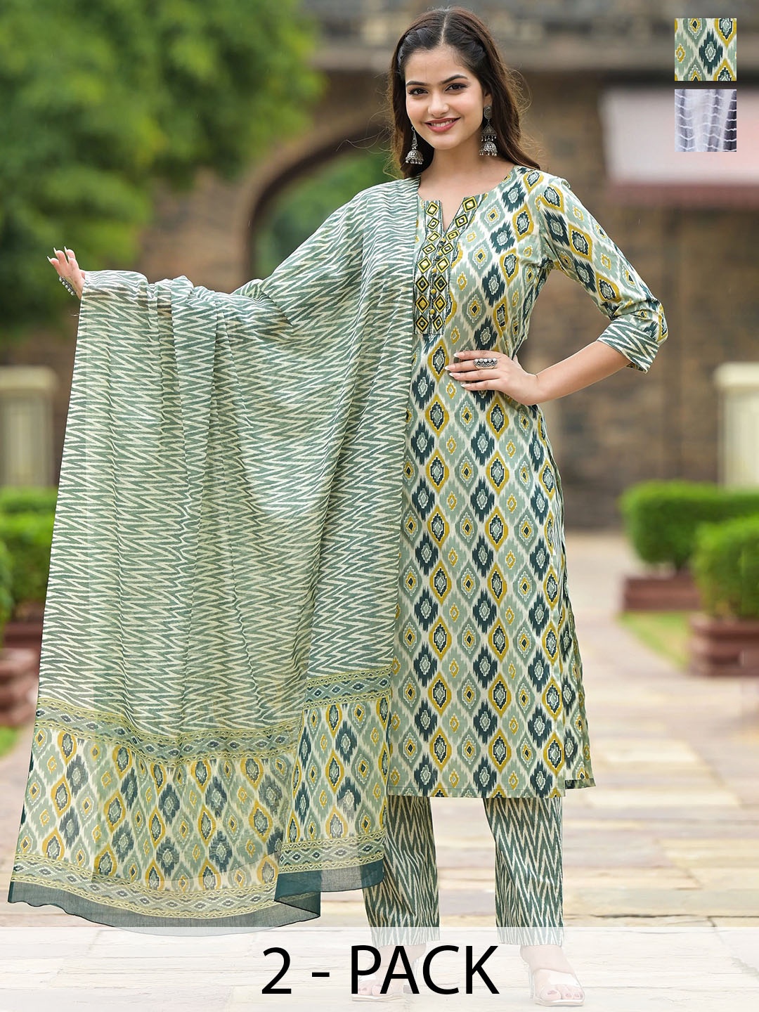 

KALINI Selection Of 2 Geometric Printed V-Neck Straight Kurta With Trousers & Dupatta, White