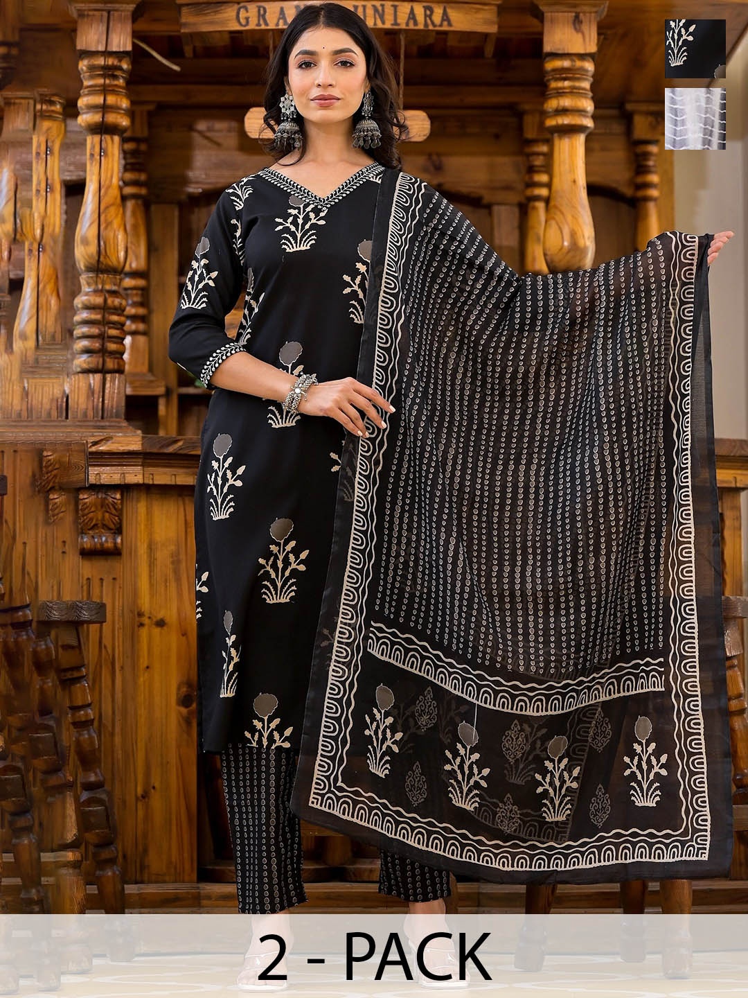 

KALINI Selection Of 2 Floral Printed V-Neck Straight Kurta With Trousers & Dupatta, Black