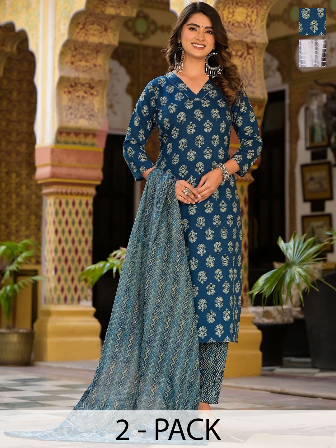 

KALINI Selection Of 2 Abstract Tie & Dye V-Neck Straight Kurta With Trousers & Dupatta, Black