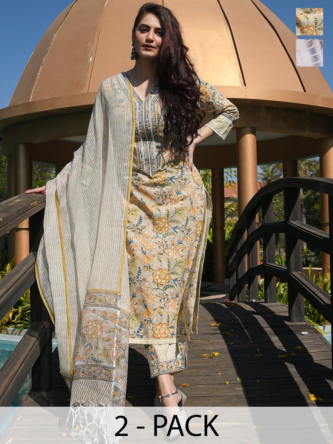 

KALINI Selection Of 2 Floral Printed Straight Kurta With Trousers And Dupatta, Beige