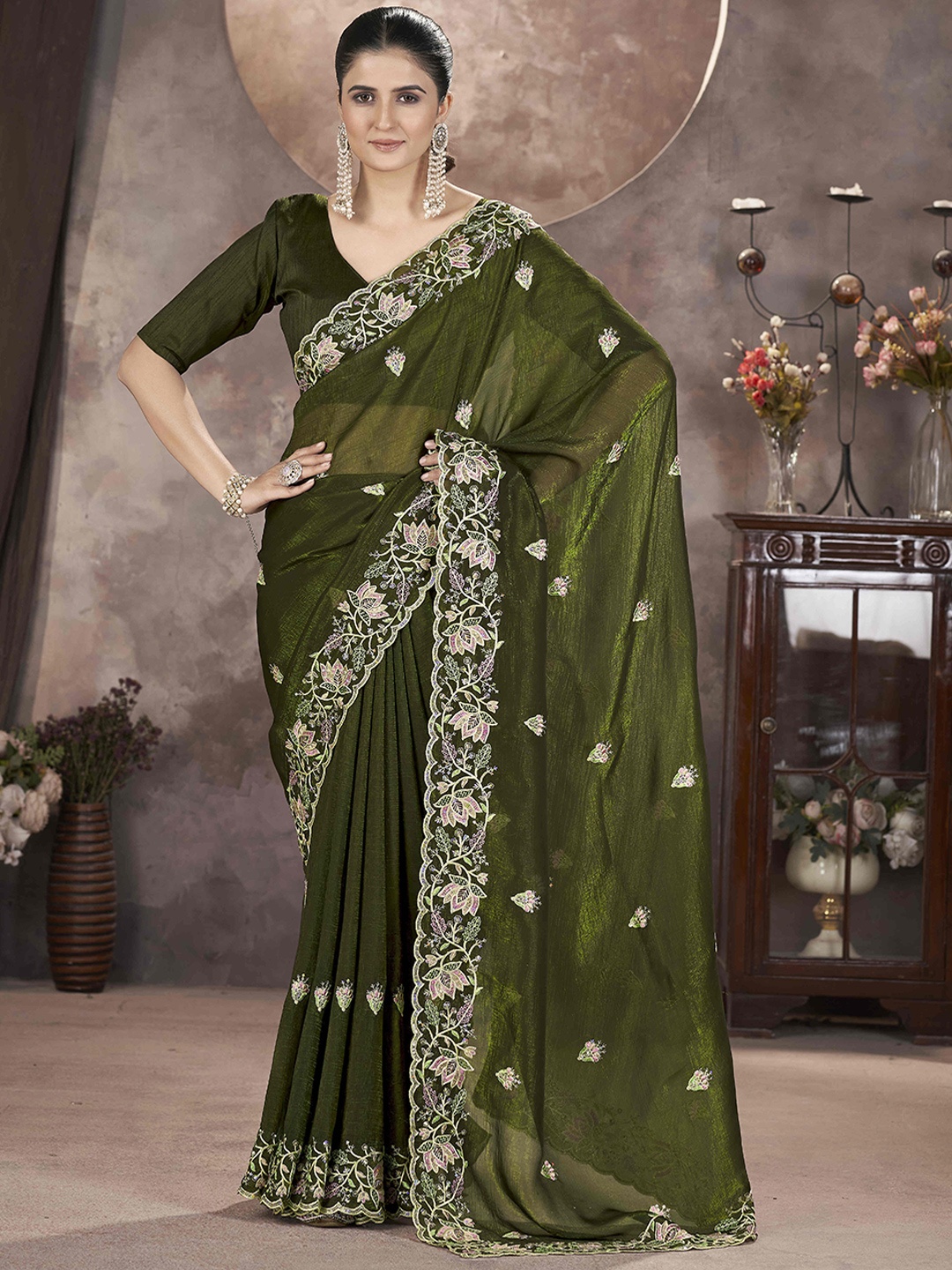 

Chandbaali Floral Embroidered Saree, Olive