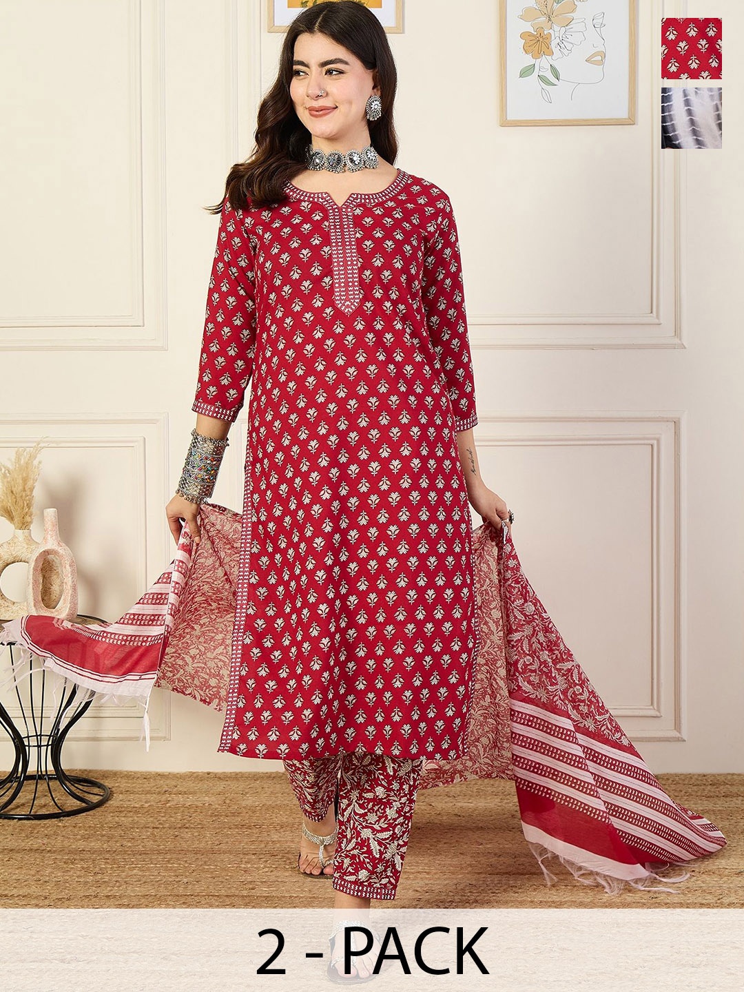 

KALINI Selection Of 2 Ethnic Motifs Printed Straight Kurta With Trousers & Dupatta, White