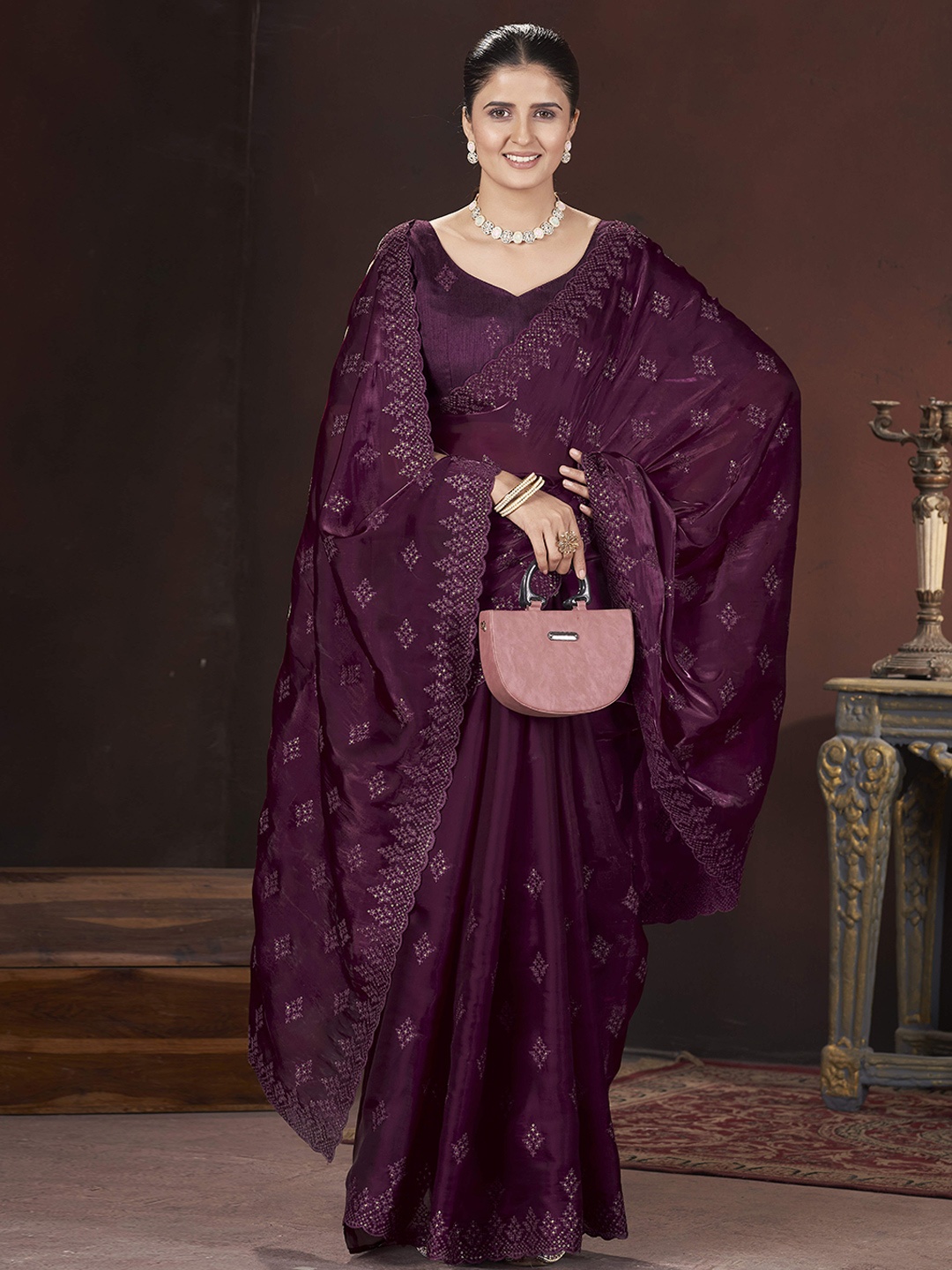 

Chandbaali Embellished Sequinned Organza Saree, Purple