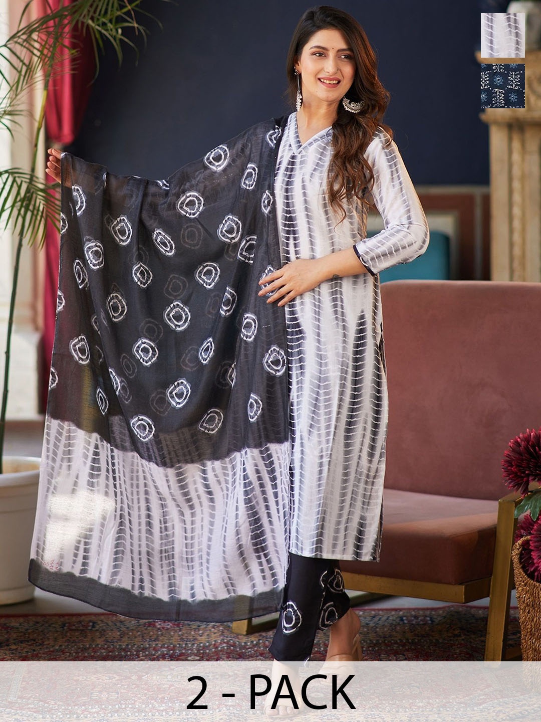

KALINI Selection Of 2 Shibori Dyed V-Neck Straight Kurta With Trousers And Dupatta, White