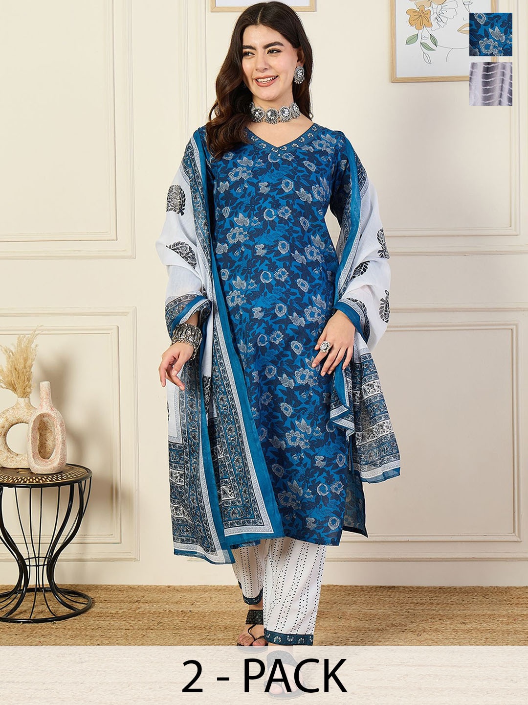 

KALINI Selection Of 2 Ethnic Motifs Printed Kurta With Trousers & Dupatta, White