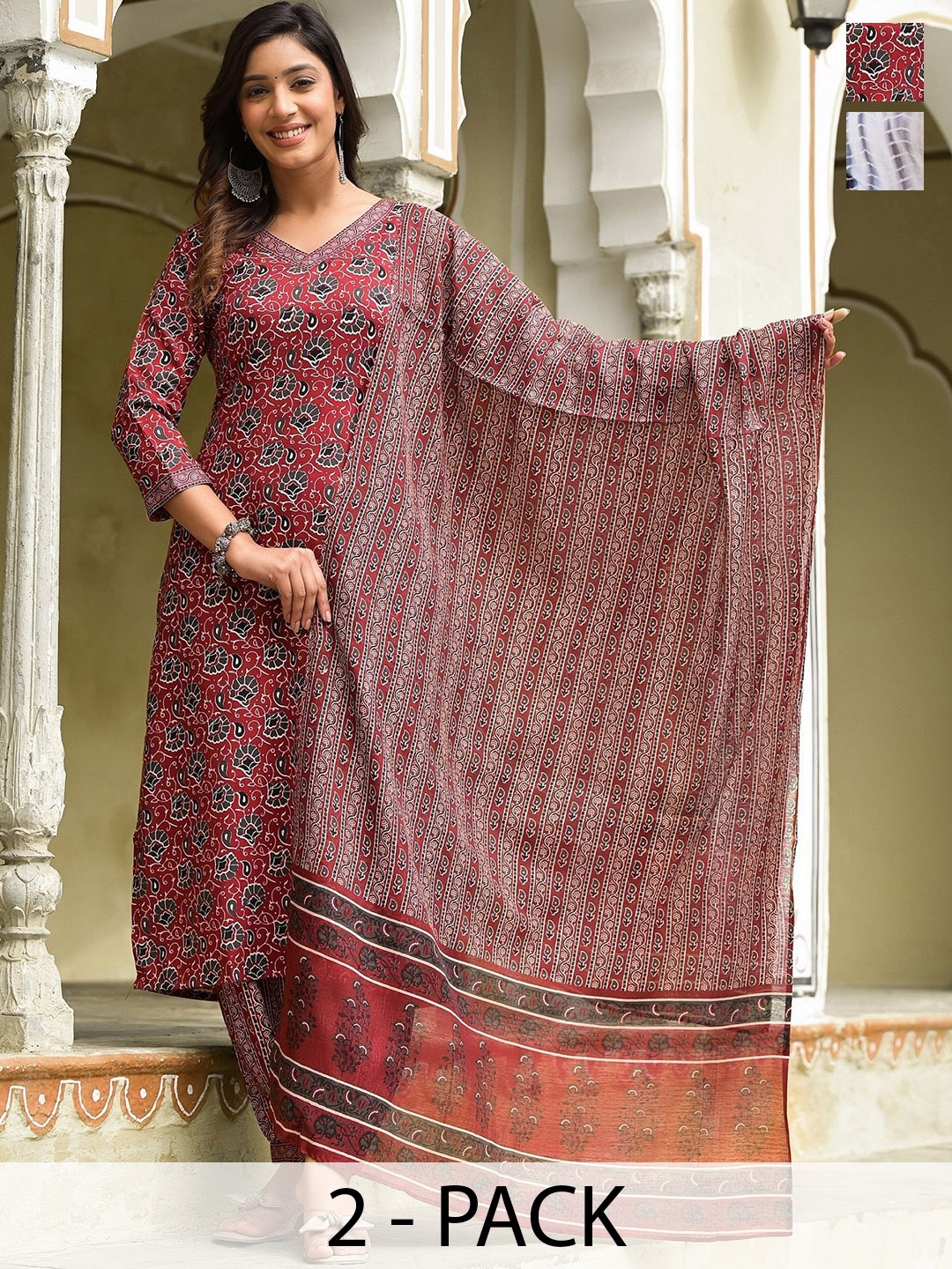 

KALINI Selection Of 2 Ethnic Motifs Printed Kurta With Trousers & Dupatta, White
