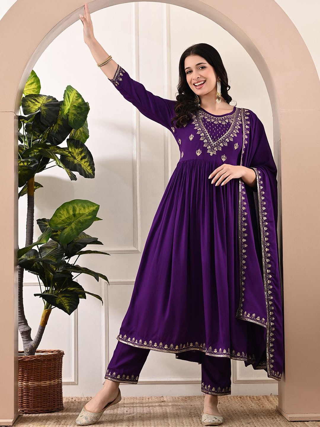 

Bunai Dhaga Floral Embroidered Thread Work Anarkali Kurta with Palazzos & Dupatta, Purple