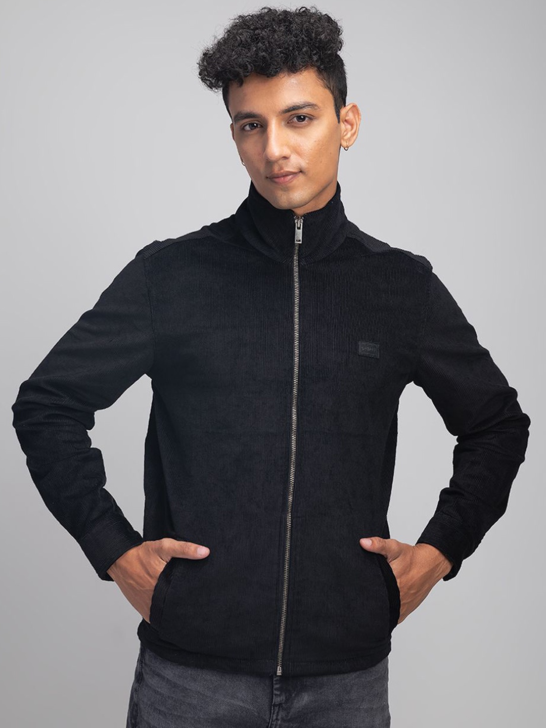 

URBARO Men Mock Collar Solid Casual Tailored Jacket, Navy blue