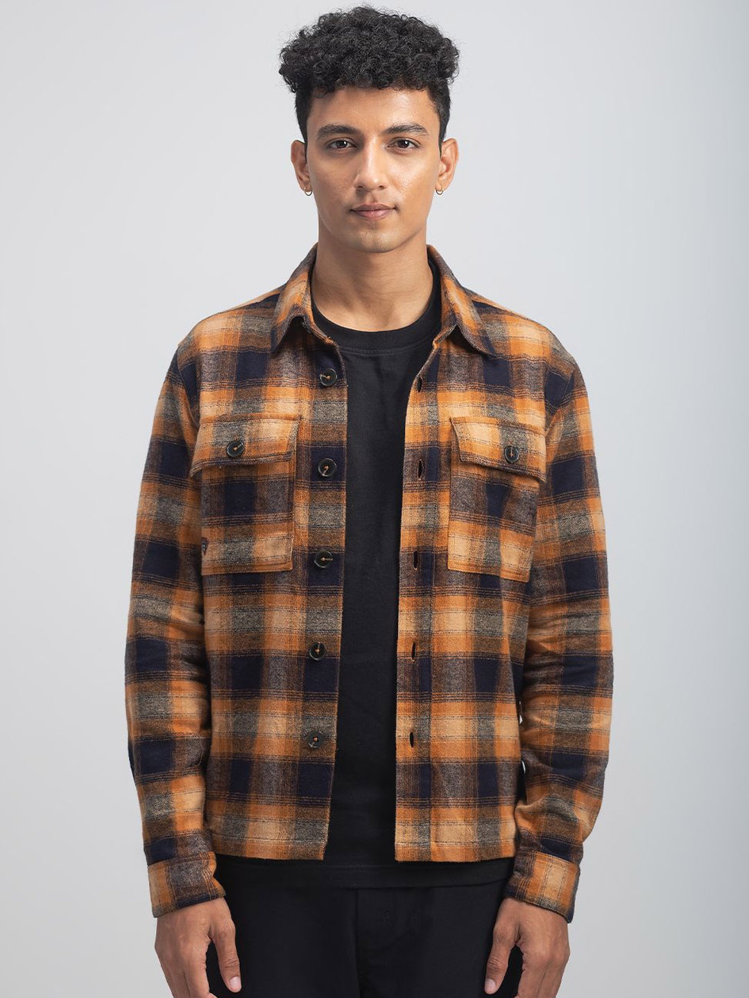 

URBARO Men Geometric Checked Longline Cycling Bomber with Patchwork Jacket, Beige