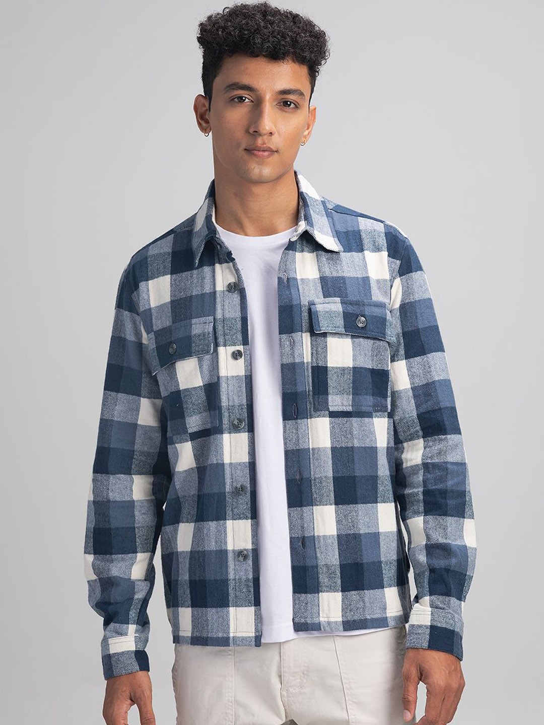 

URBARO Gingham Checked Pure Cotton Shacket, Navy blue
