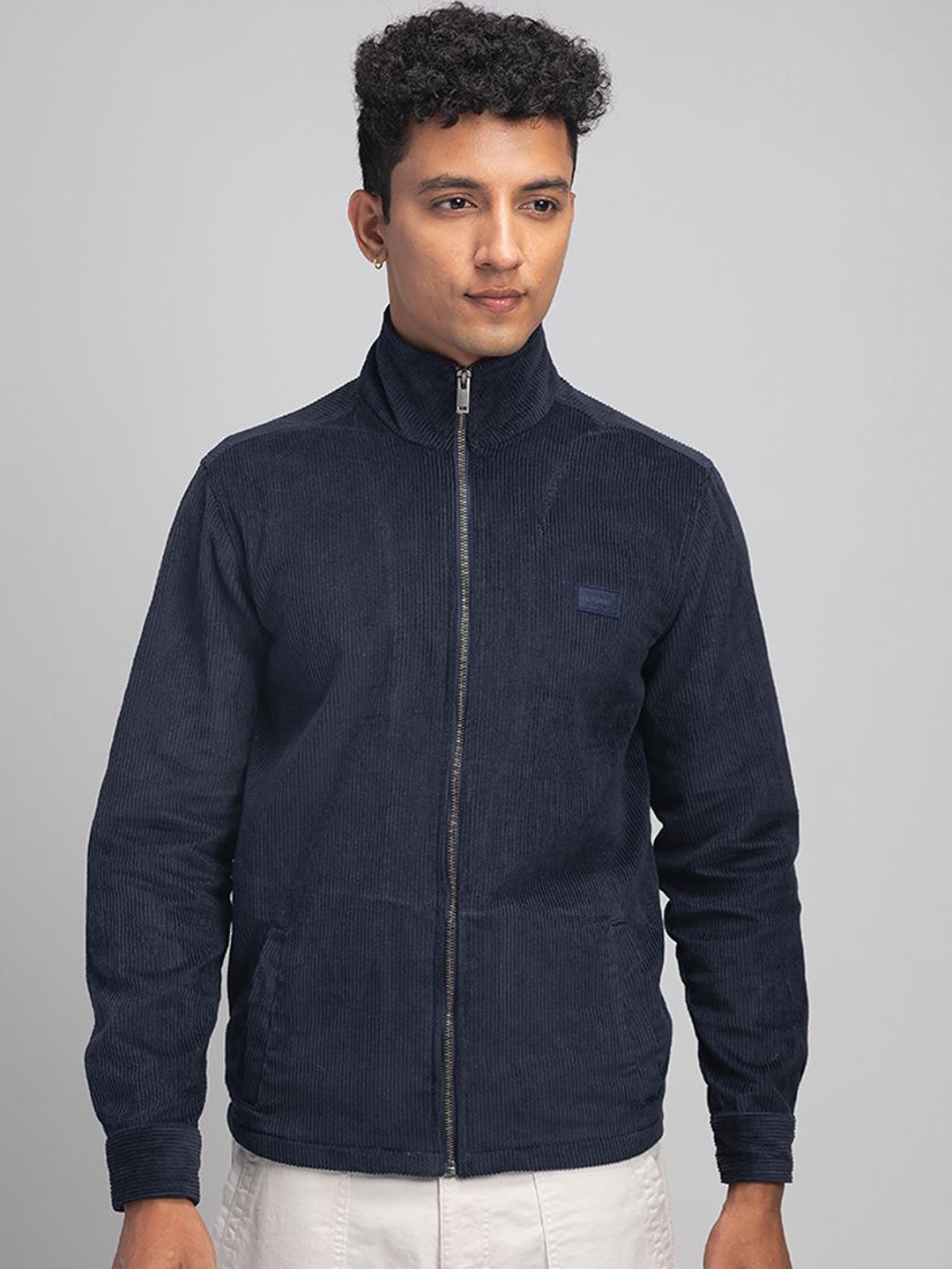 

URBARO Men Mock Collar Self Design Casual Bomber Jacket, Navy blue