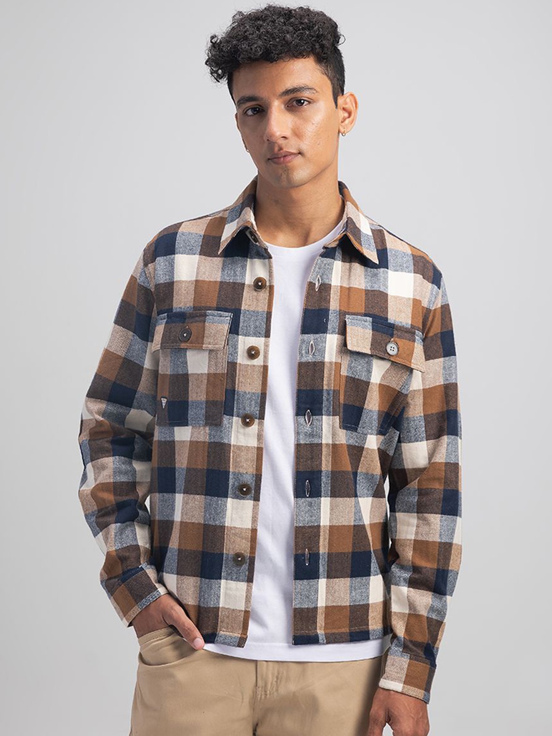

URBARO Men Spread Collar Checked Relaxed Fit Cotton Casual Shacket, Brown