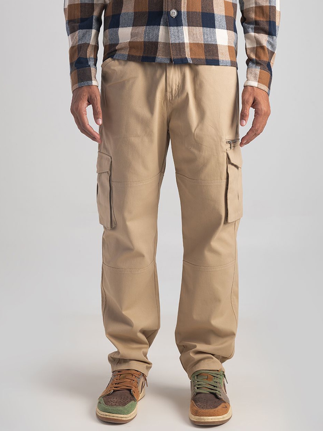 

URBARO Men Pure Cotton Regular Fit Smart Cargo Trouser, Beige