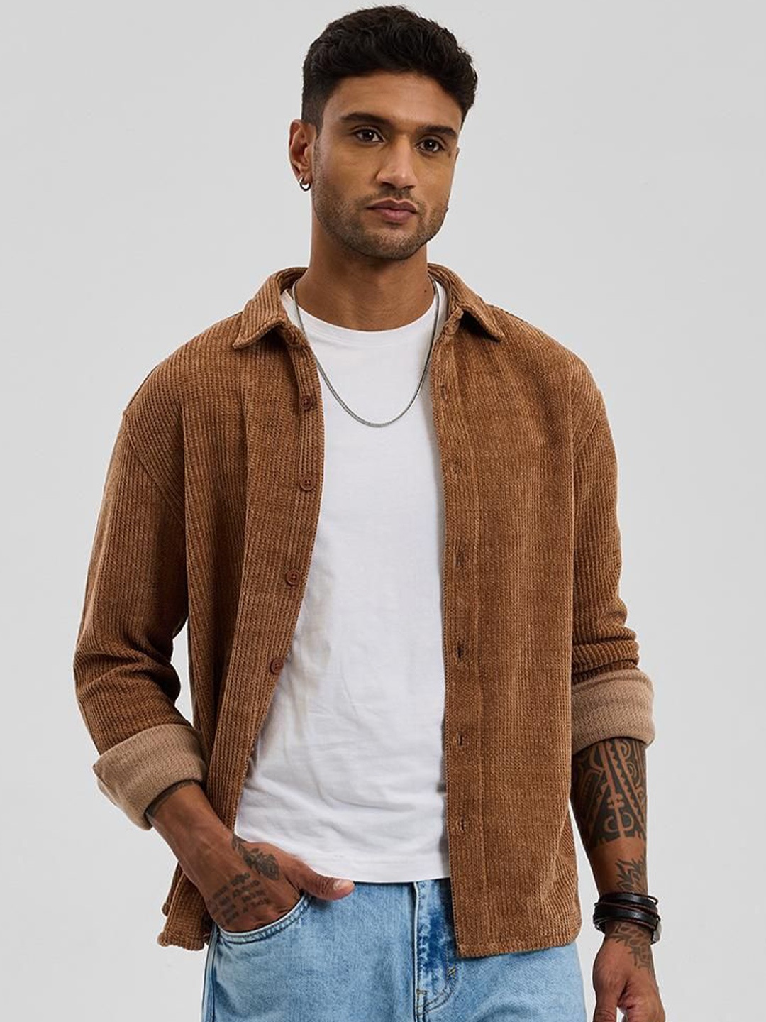 

Snitch Brown Textured Relaxed Fit Open Front Shacket