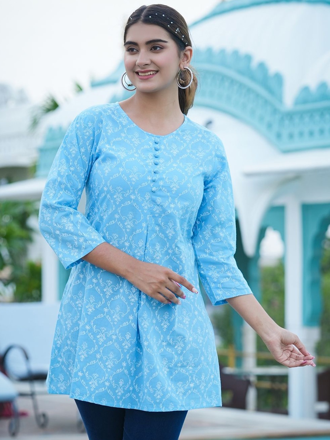 

IKRASS Ethnic Motifs Printed Pure Cotton Kurti, Blue