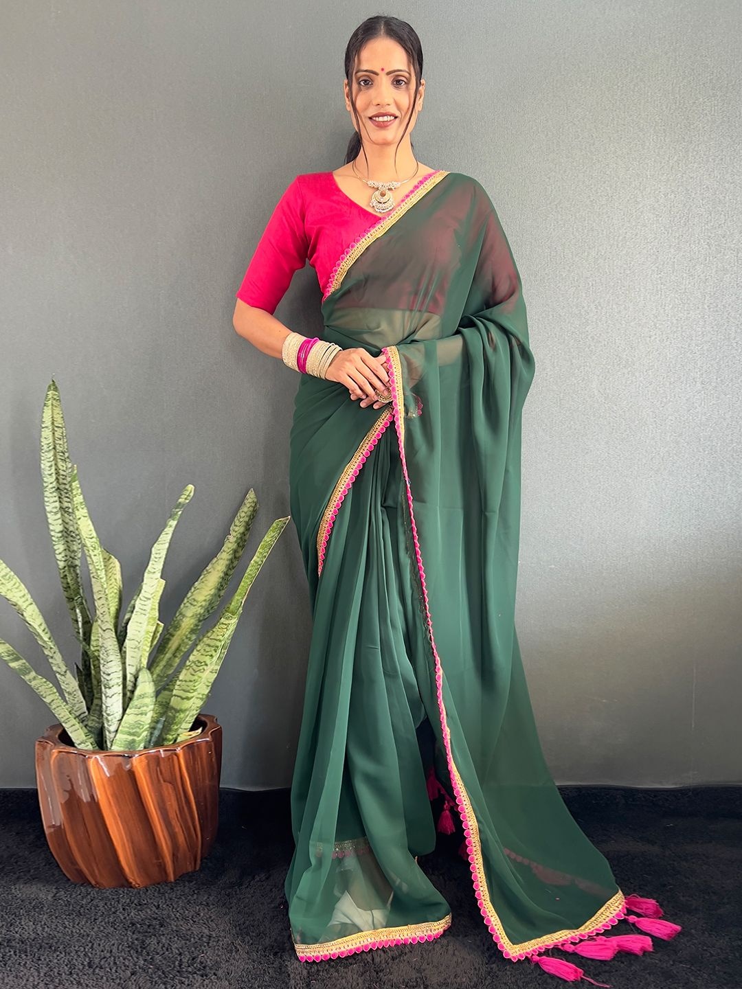 

Mitera Embellished Georgette Lace Border Saree, Green