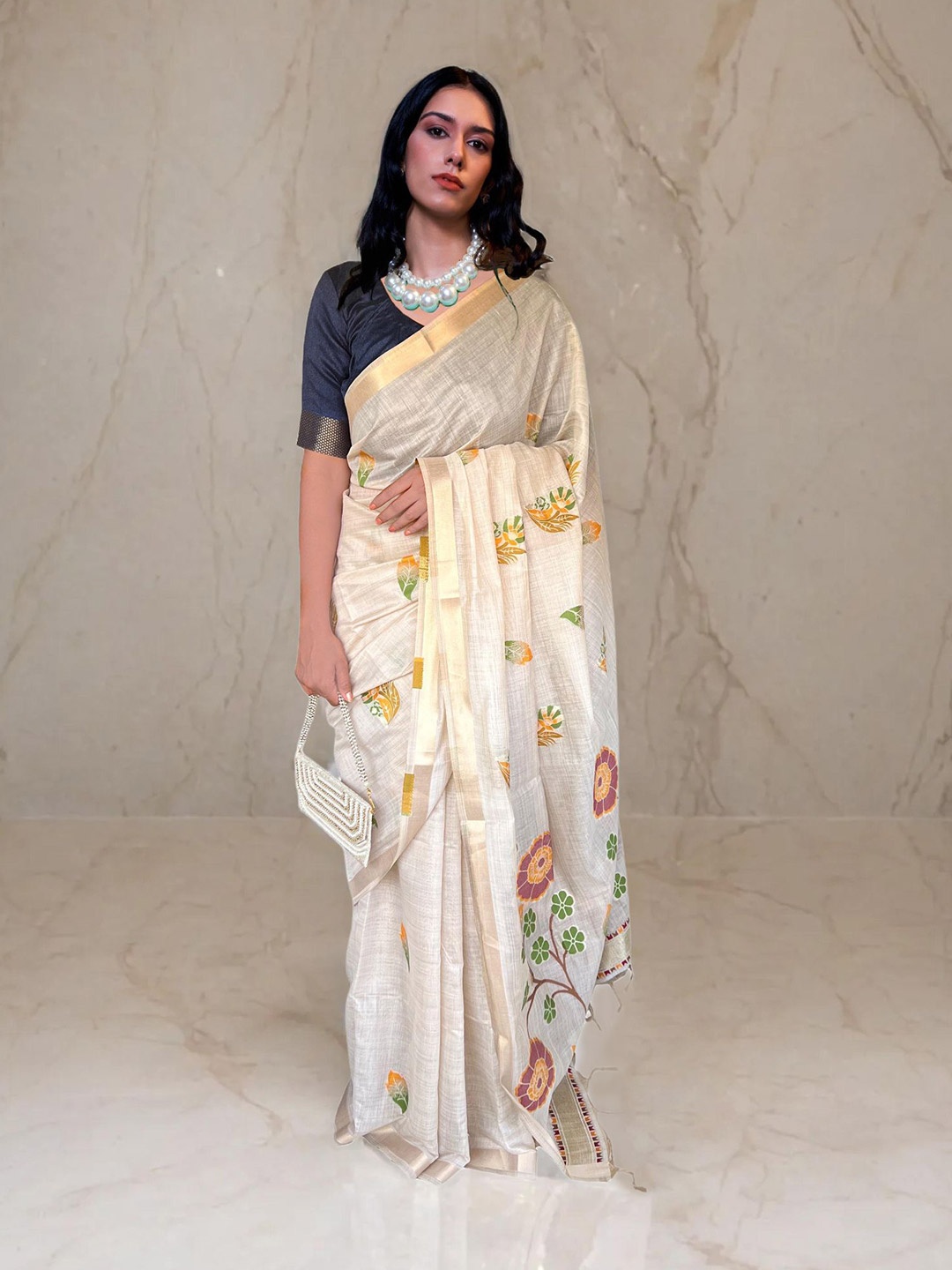 

NK Textiles Woven Design Zari Muga Saree, White