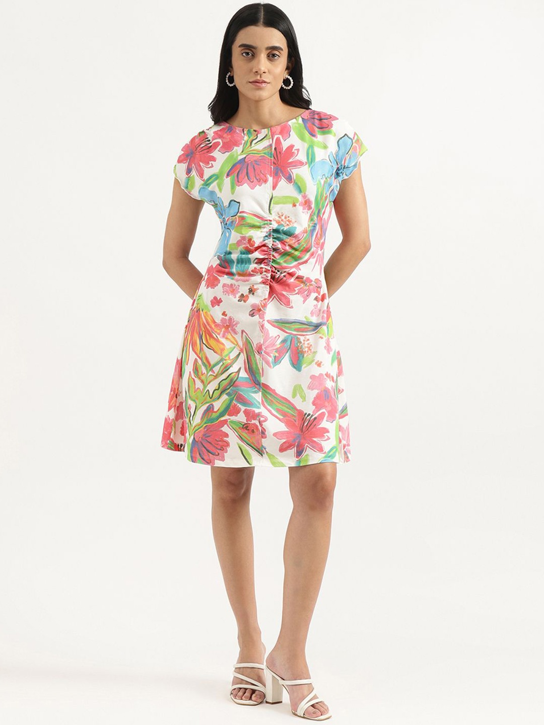 

United Colors of Benetton Floral Printed A-Line Dress, White