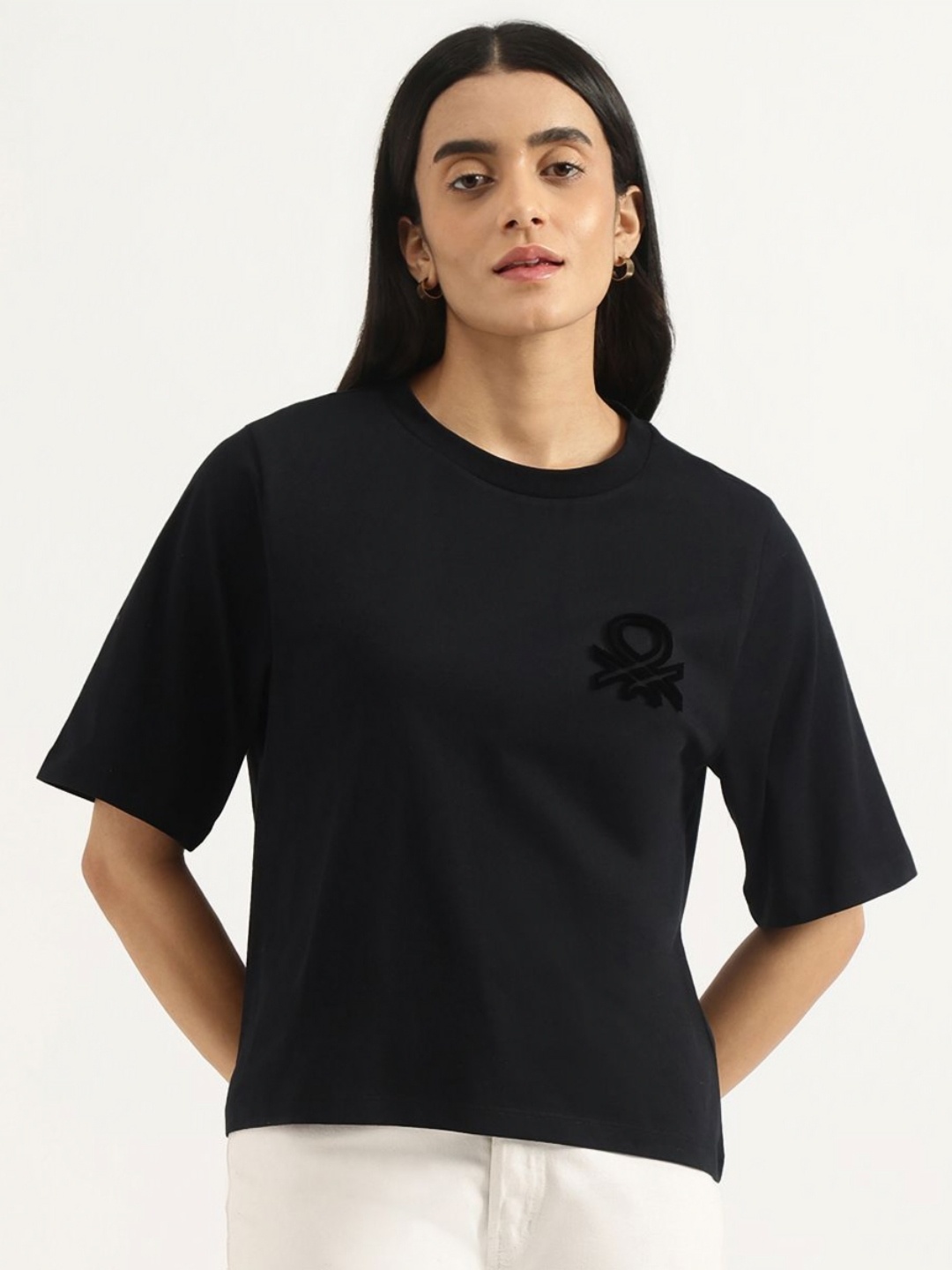 

United Colors of Benetton Women Varsity Pure Cotton Applique T-shirt, Black