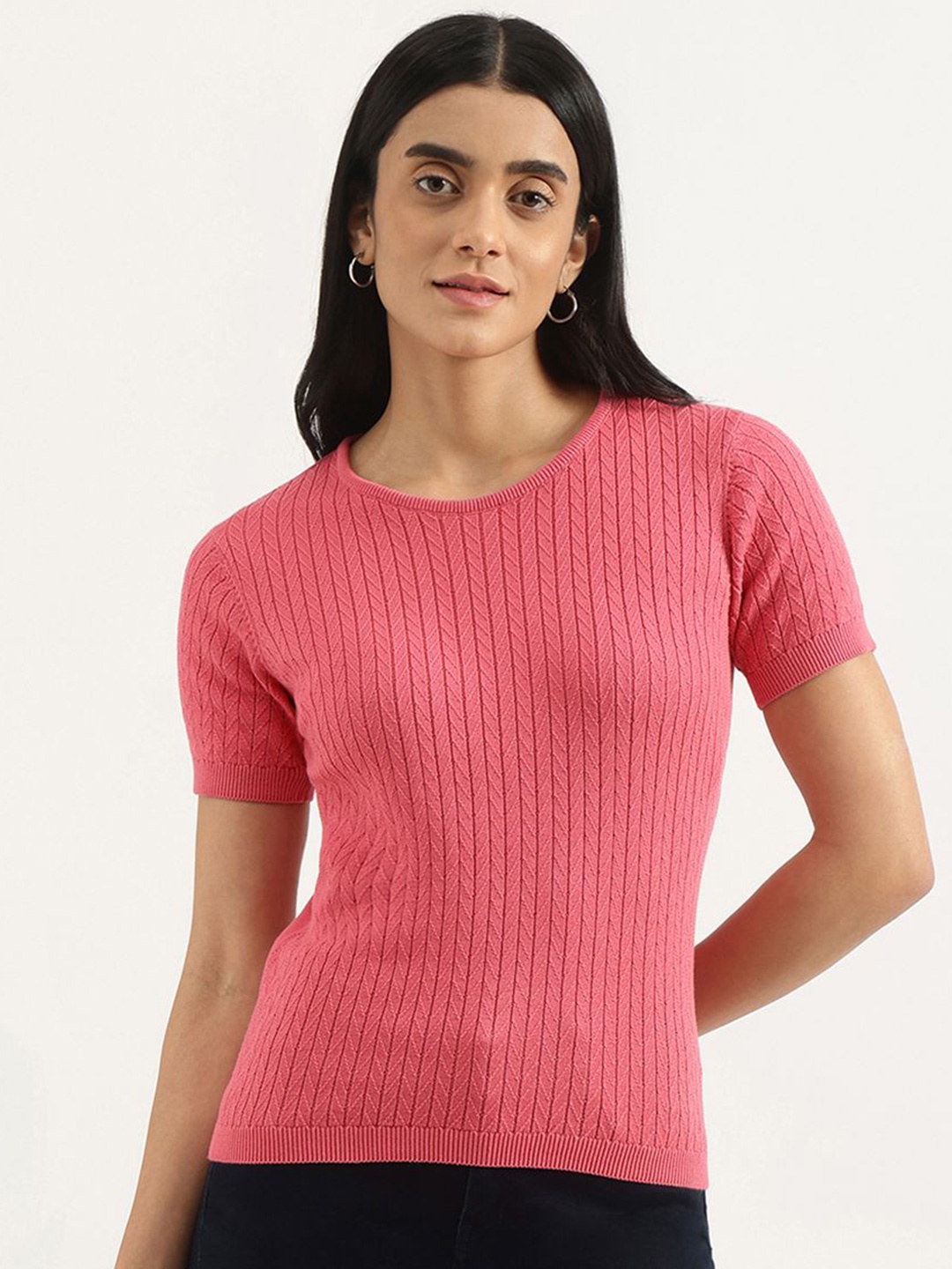 

United Colors of Benetton Round Neck Self Design Cotton Top, Pink