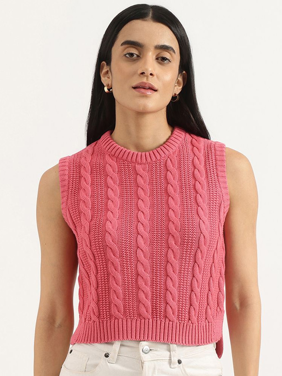 United Colors of Benetton Women Pure Cotton Round Neck Top, Pink