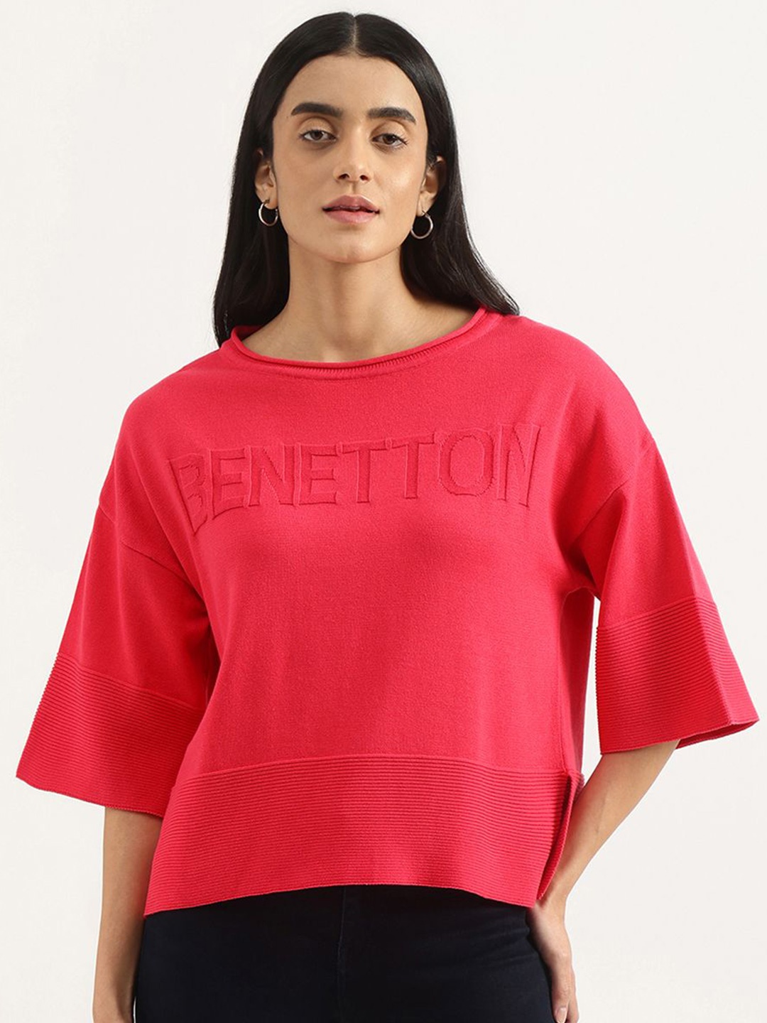

United Colors of Benetton Women Cotton Boat Neck Top, Fuchsia
