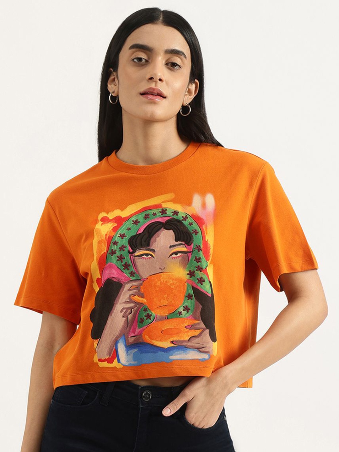 

United Colors of Benetton Women Graphic Printed Round Neck Cotton T-shirt, Orange