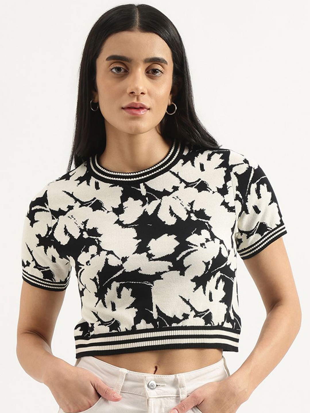 

United Colors of Benetton Women Floral Self Design Pure Cotton Regular Top, Black