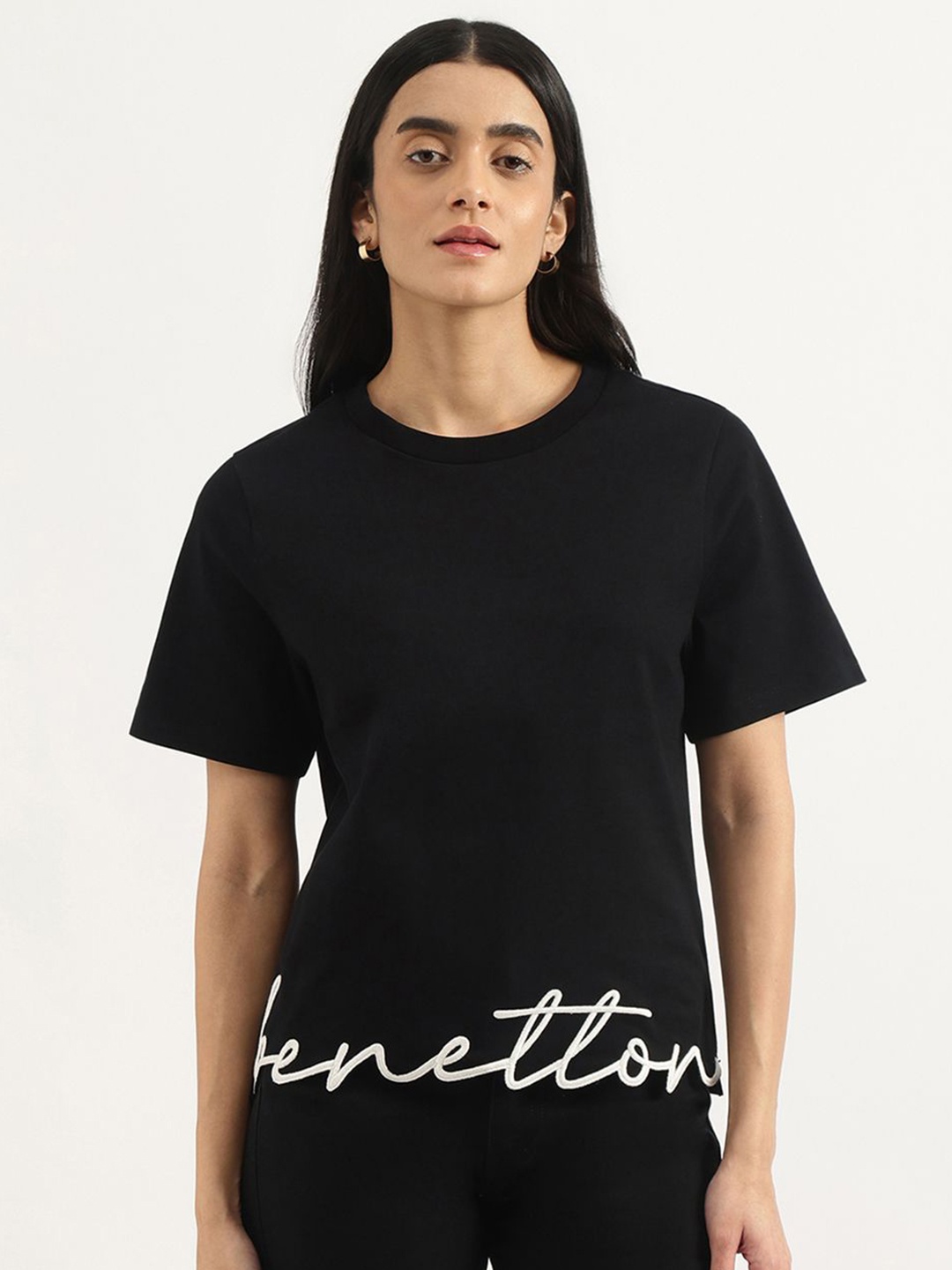 

United Colors of Benetton Women Typography Printed Round Neck Pure Cotton T-shirt, Black