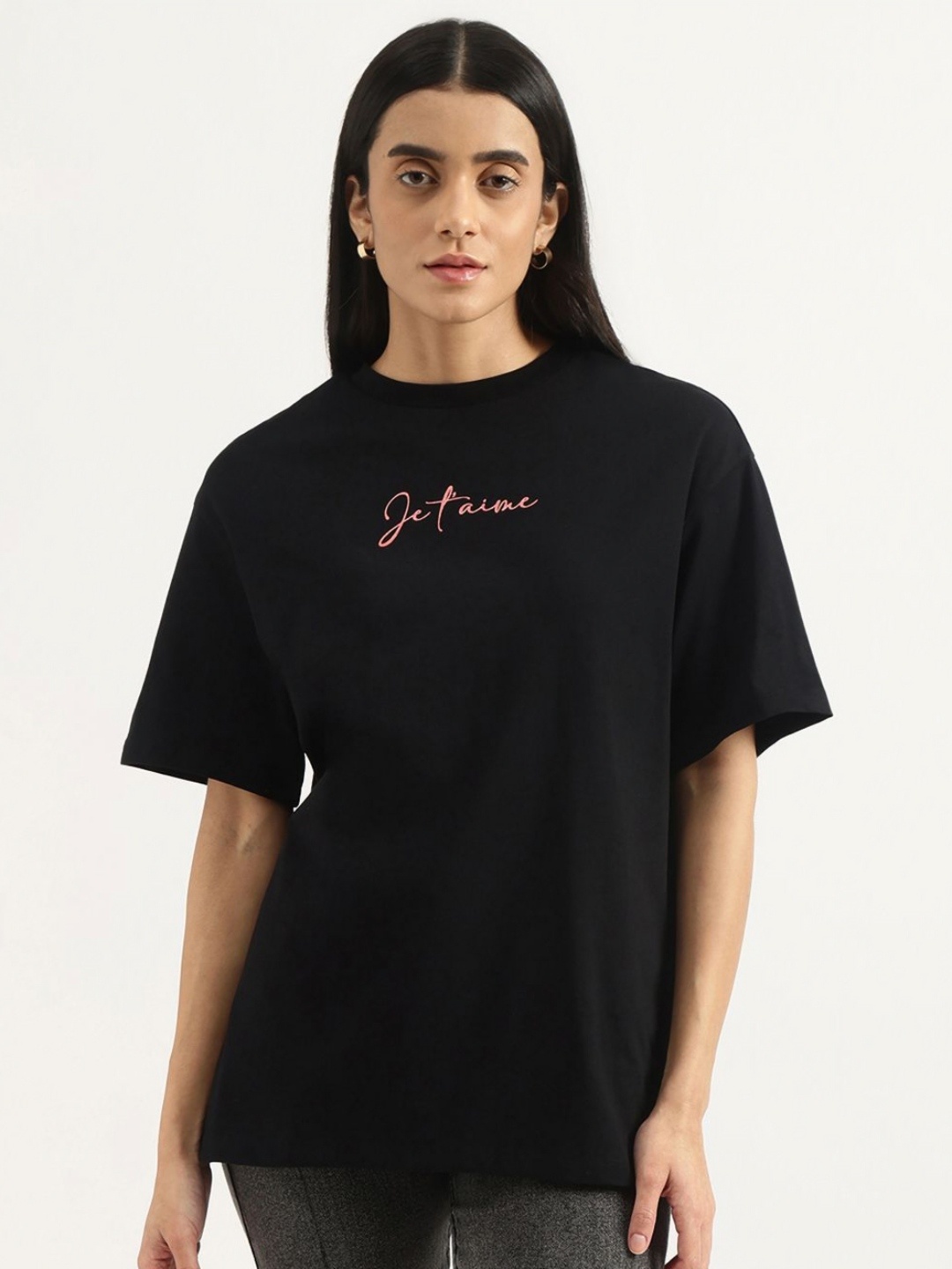 

United Colors of Benetton Women Typography Printed Cotton Oversized T-shirt, Black