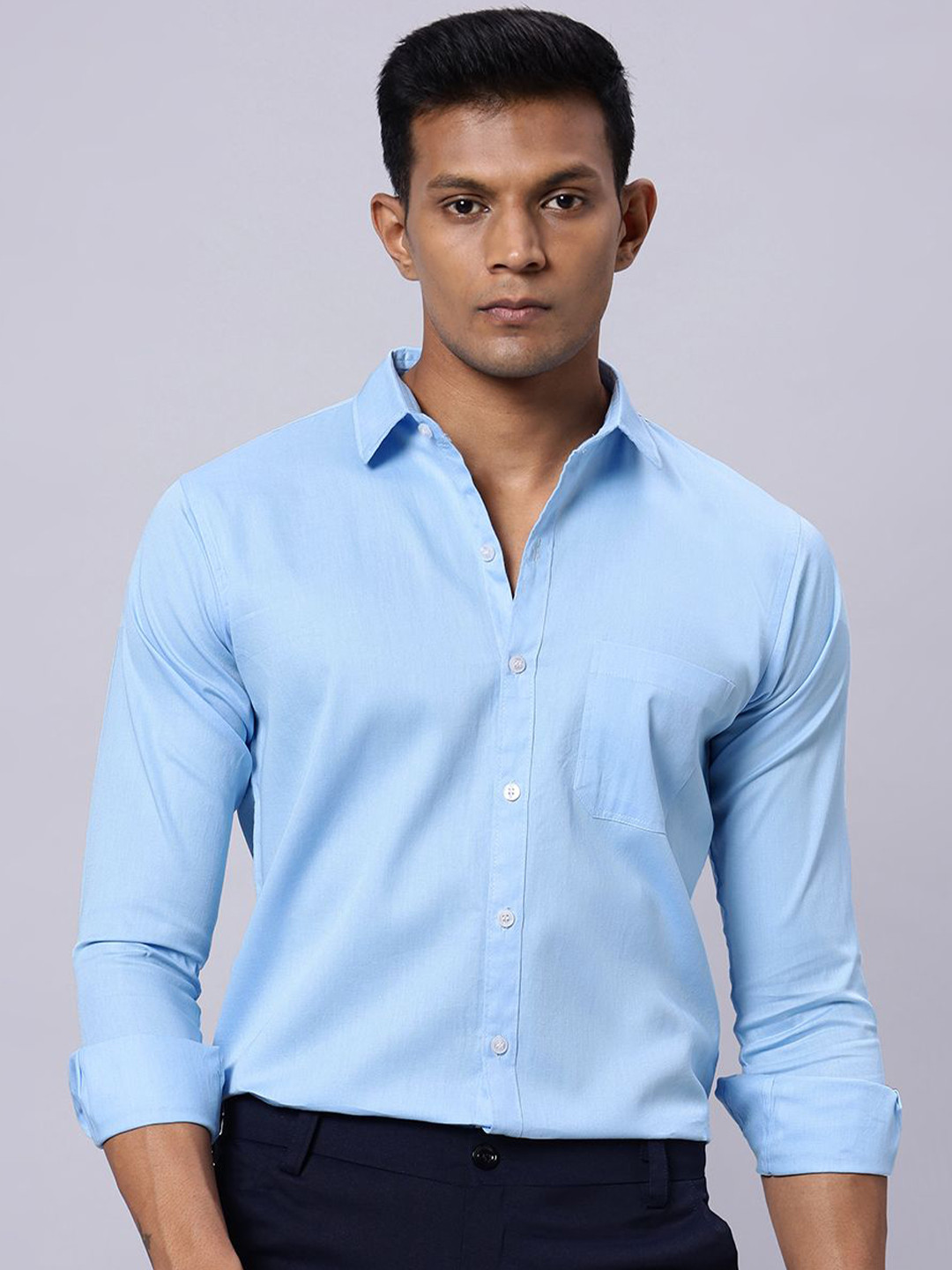 

N AND J Men Classic Spread Collar Solid Cotton Formal Shirt, Blue
