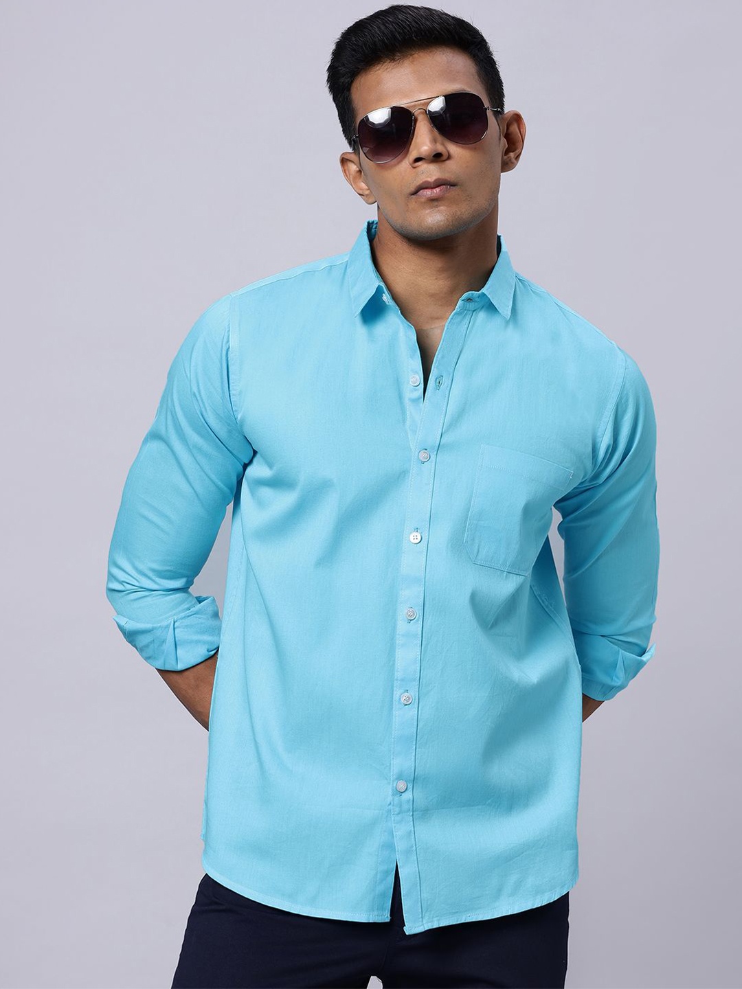 

N AND J Men Classic Spread Collar Solid Cotton Casual Shirt, Turquoise blue