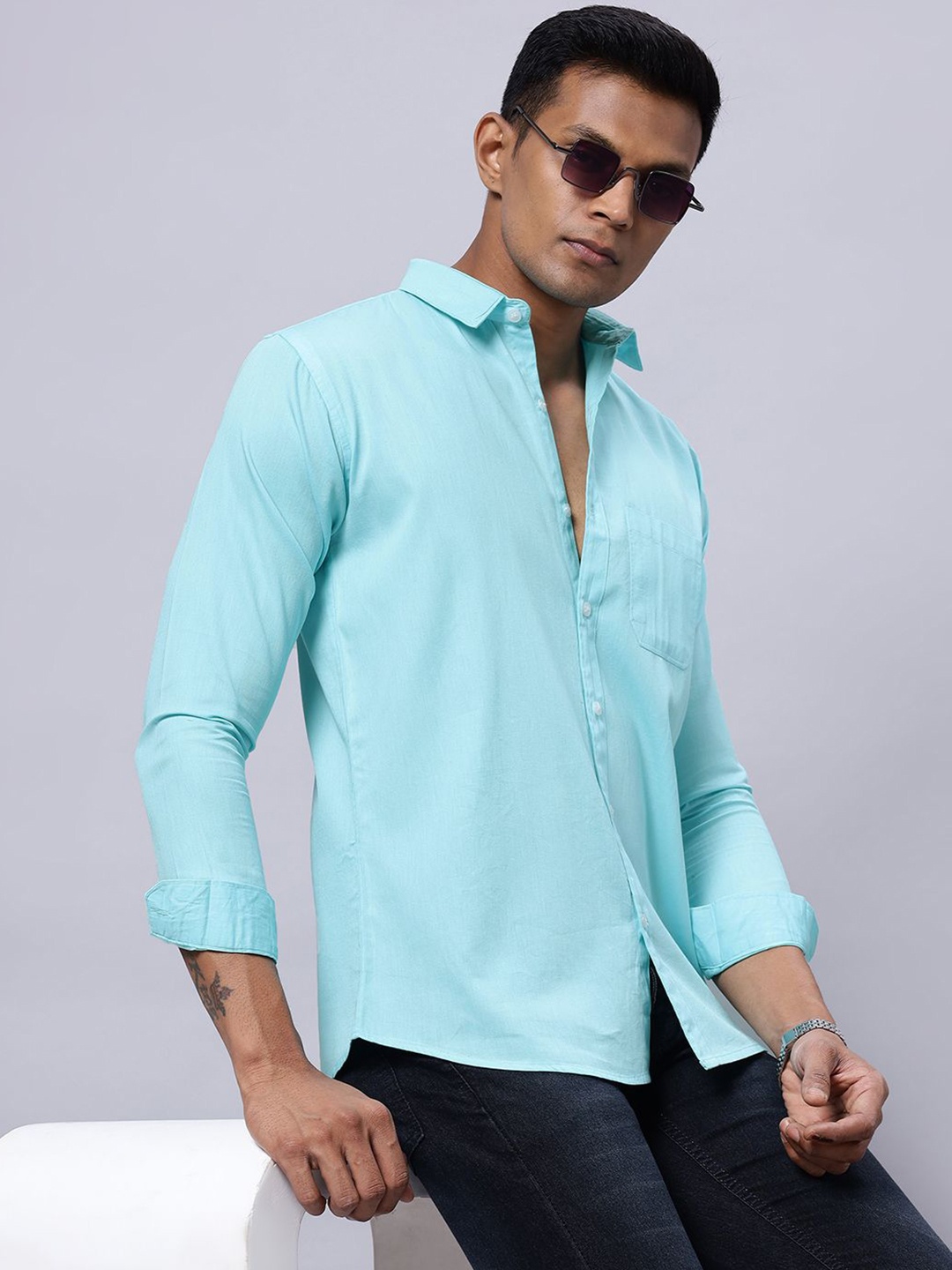 

N AND J Men Classic Spread Collar Solid Cotton Casual Shirt, Sea green