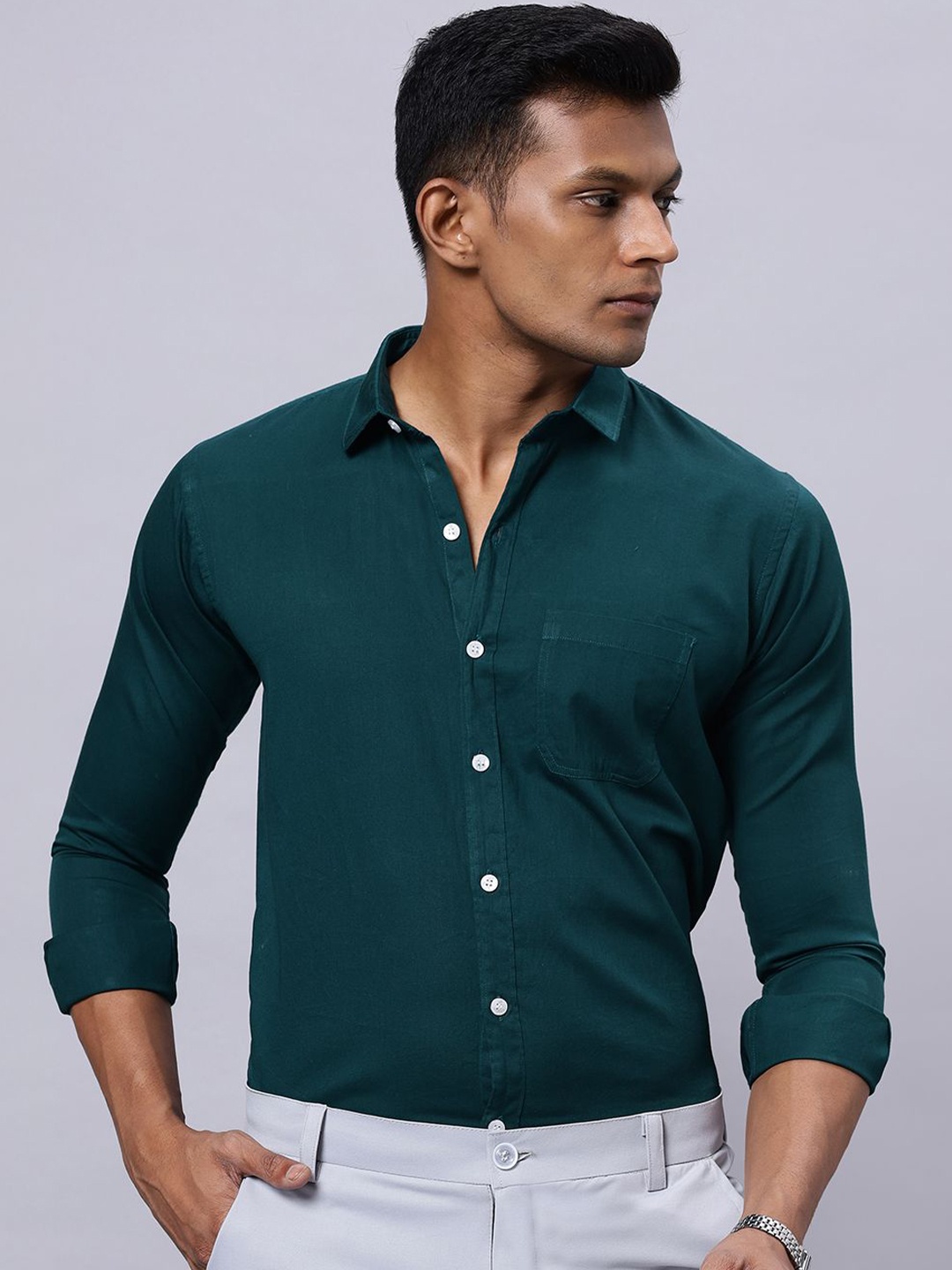 

N AND J Men Classic Spread Collar Solid Cotton Slim Fit Formal Shirt, Green