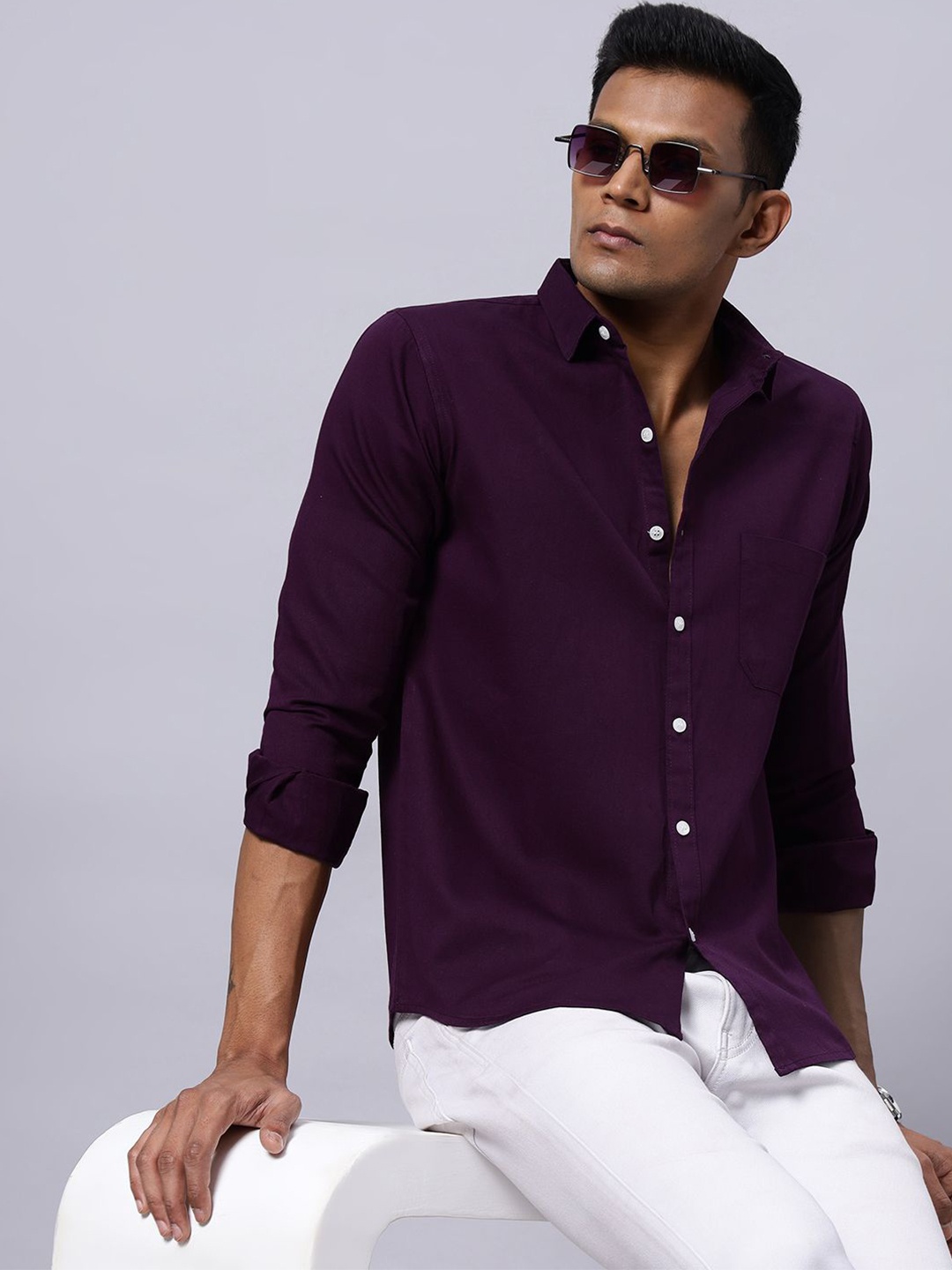 

N AND J Men Classic Slim Fit Spread Collar Solid Cotton Casual Shirt, Purple
