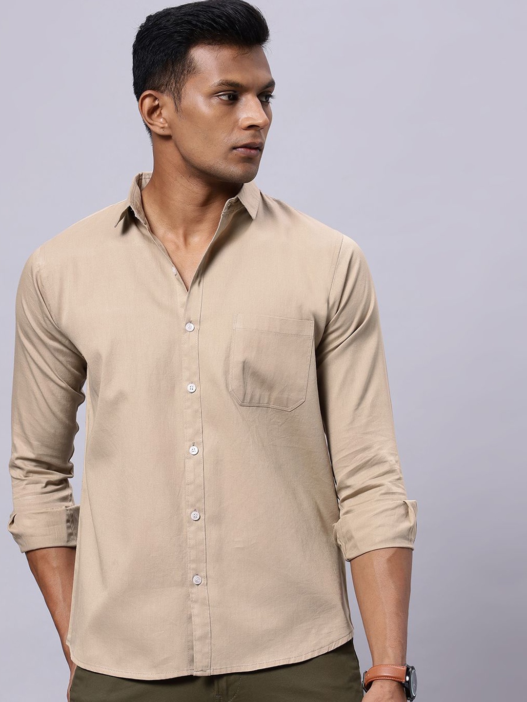 

N AND J Men Classic Spread Collar Solid Cotton Casual Shirt, Beige