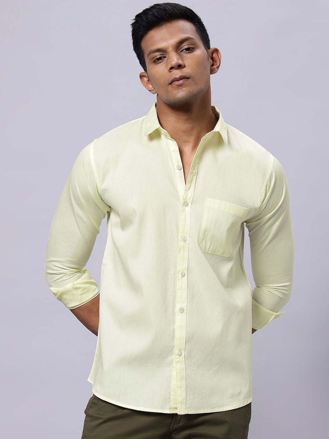 

N AND J Men Classic Spread Collar Solid Cotton Formal Shirt, Yellow