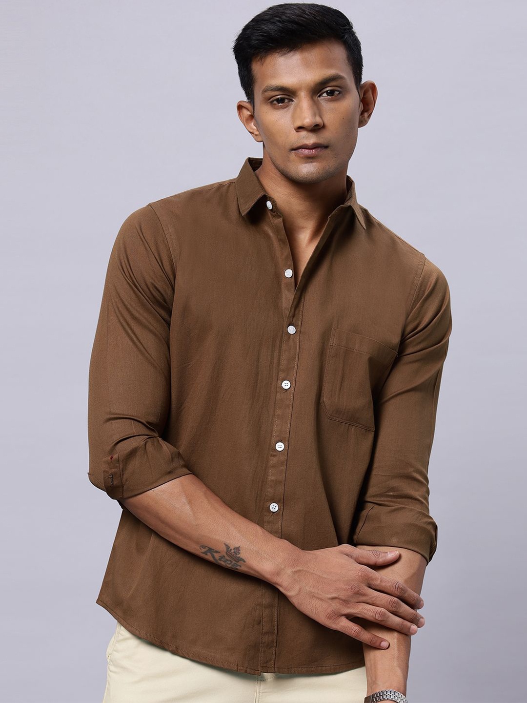 

N AND J Men Classic Spread Collar Solid Cotton Casual Shirt, Coffee brown