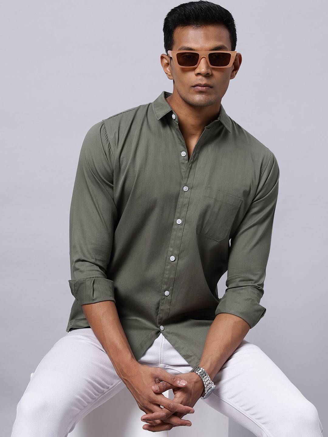 

N AND J Men Classic Spread Collar Solid Cotton Casual Shirt, Grey