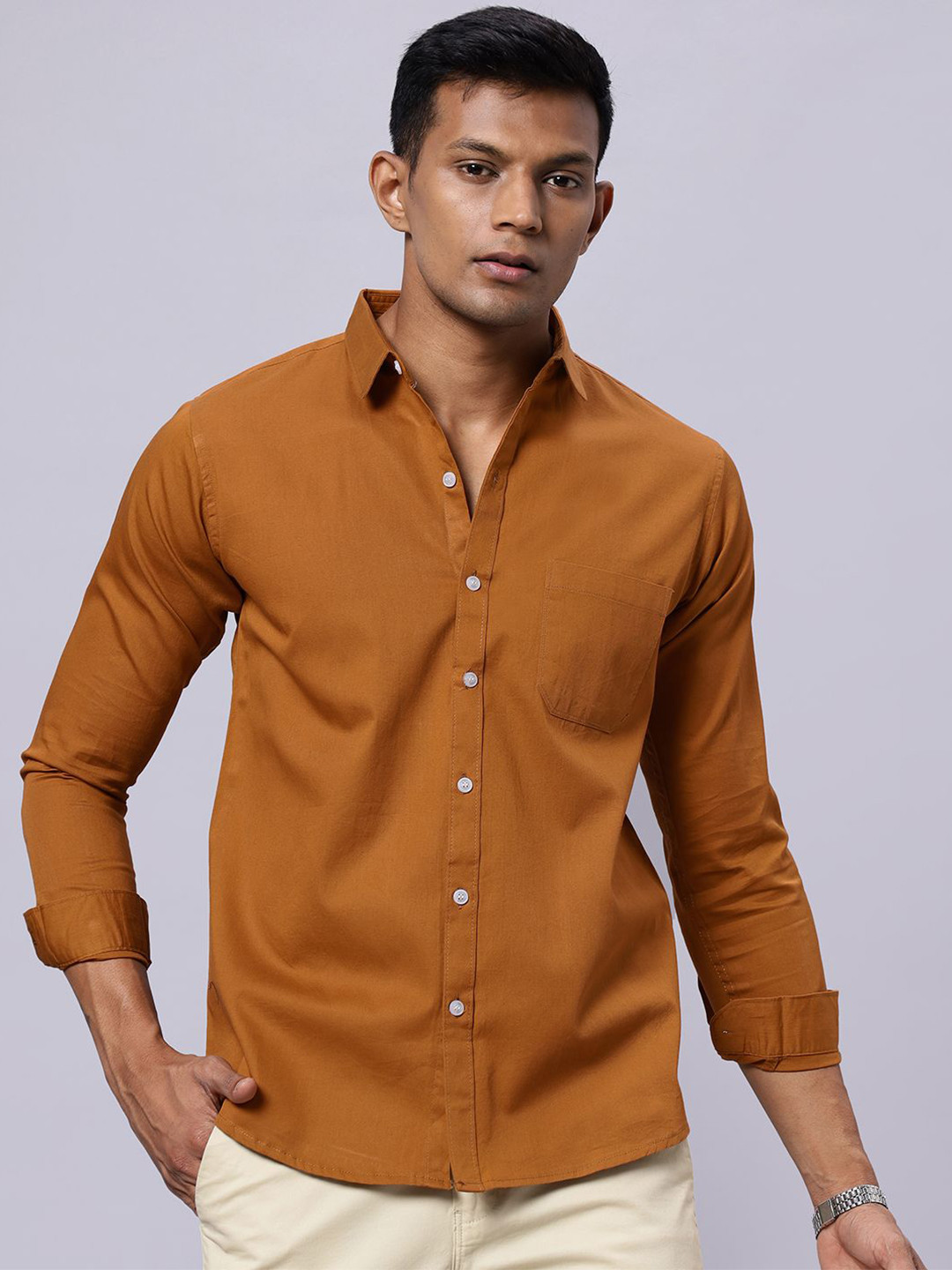 

N AND J Men Classic Spread Collar Solid Cotton Casual Shirt, Copper