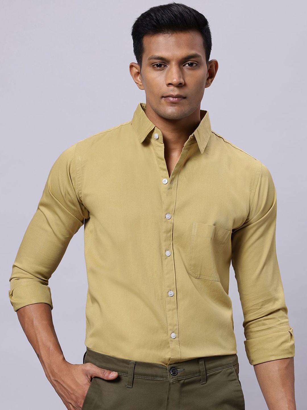 

N AND J Men Classic Spread Collar Solid Cotton Casual Shirt, Khaki