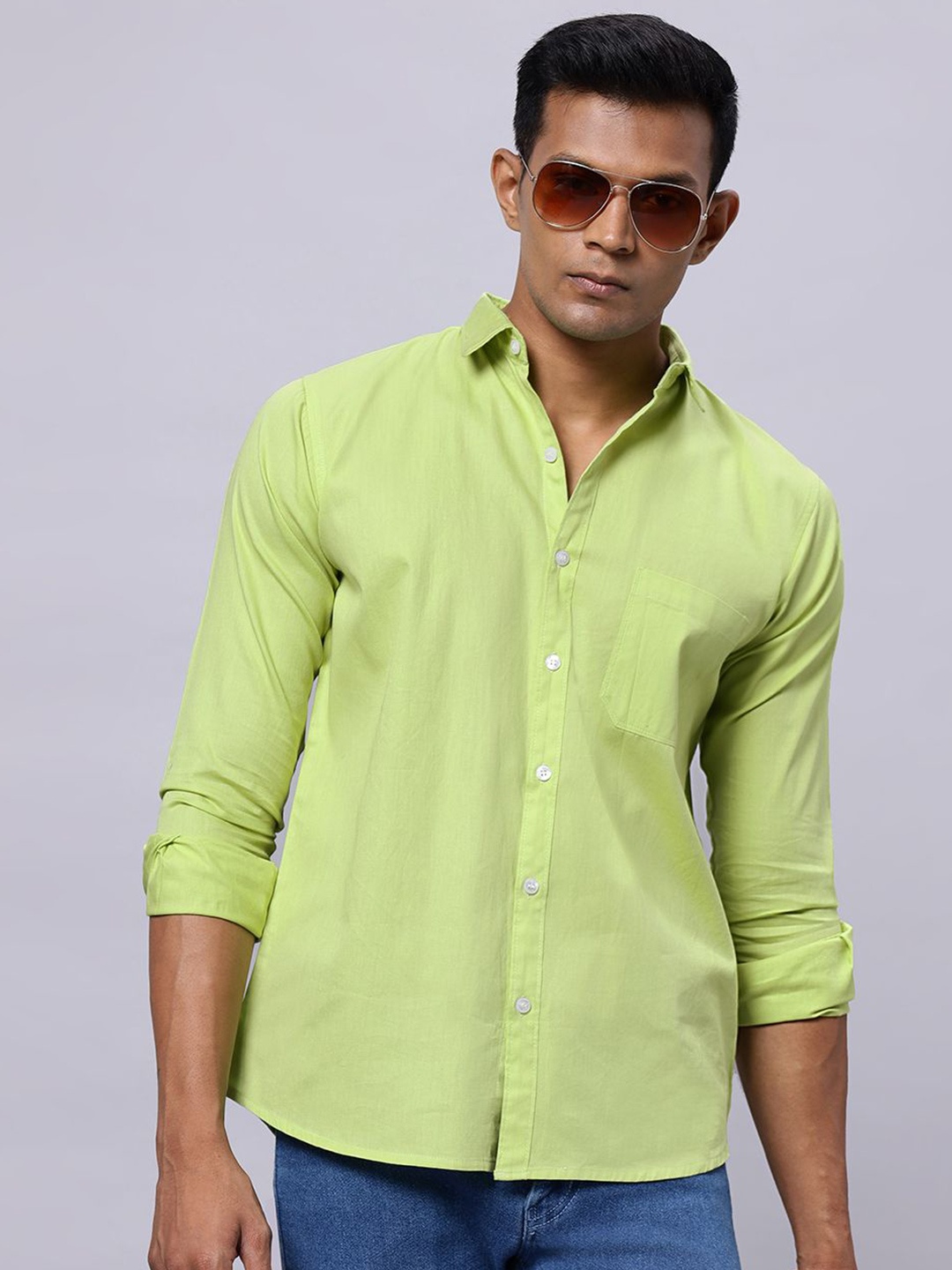 

N AND J Men Classic Slim Fit Spread Collar Solid Cotton Casual Shirt, Green