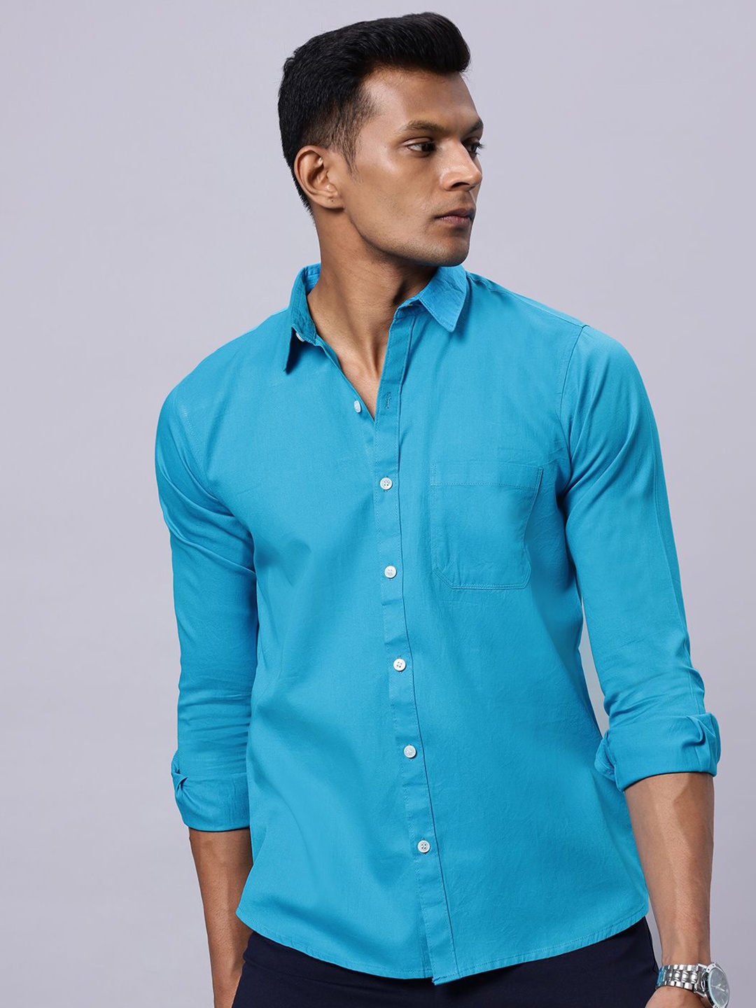 

N AND J Men Classic Slim Fit Spread Collar Solid Cotton Casual Shirt, Blue